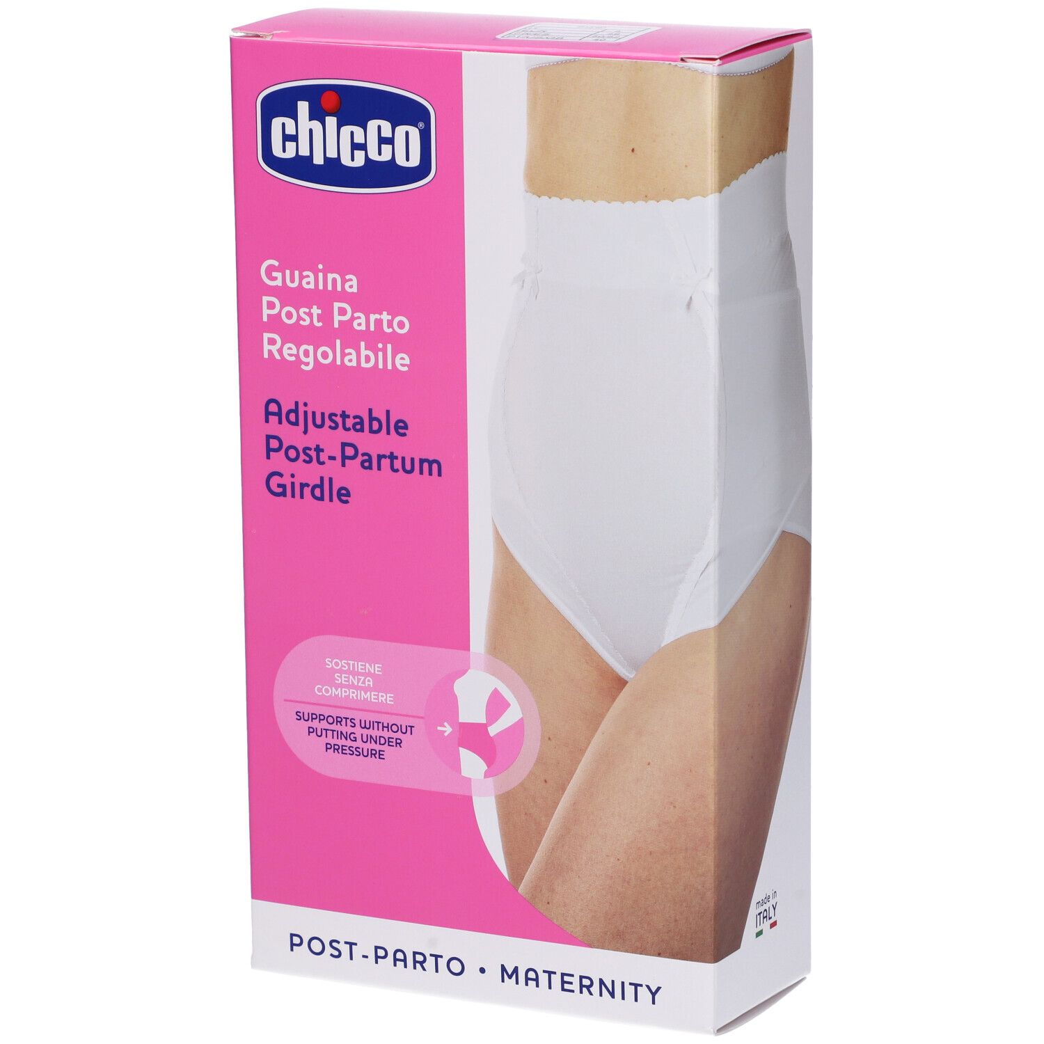 Confezione Chicco. Contiene guaina post parto regolabile. Scatola rosa e bianca con immagine del prodotto e testo.