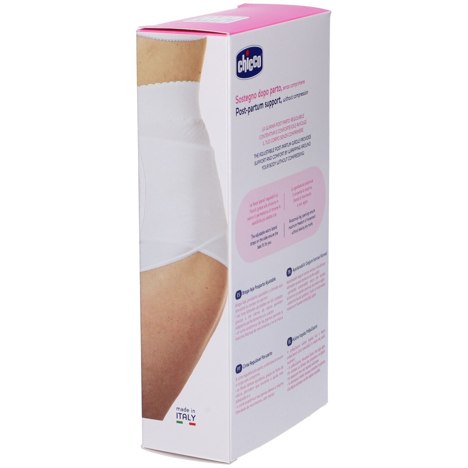 Confezione Chicco. Contiene guaina post parto regolabile. Scatola rosa con testo e immagine del prodotto. Prodotto in Italia.