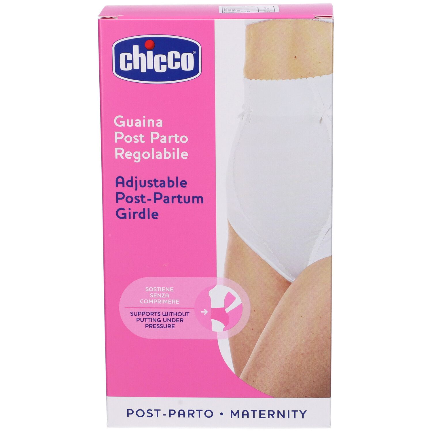 Confezione Chicco. Contiene guaina post parto regolabile. Scatola rosa e bianca con immagine del prodotto e testo.