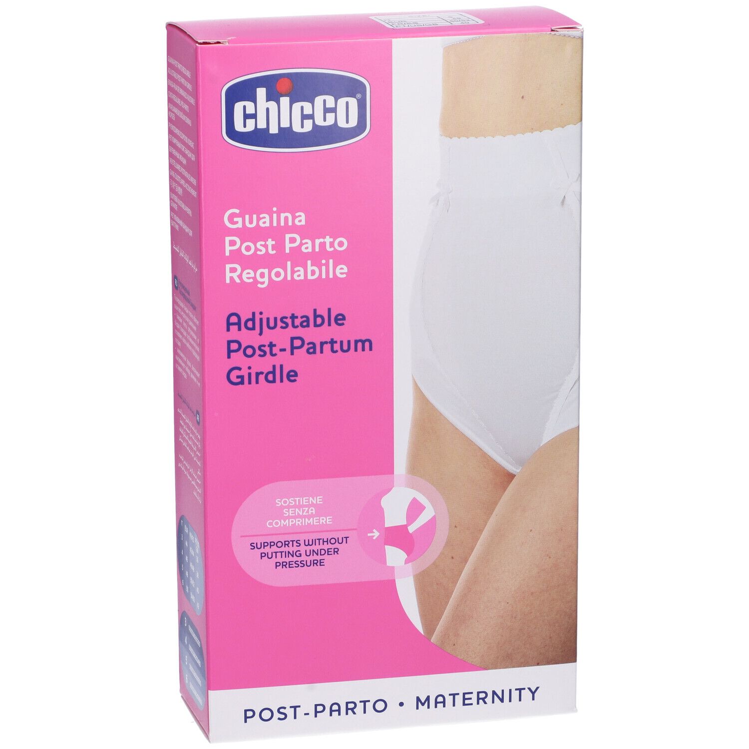 Confezione Chicco. Contiene guaina post parto regolabile. Scatola rosa e bianca con immagine del prodotto e testo.