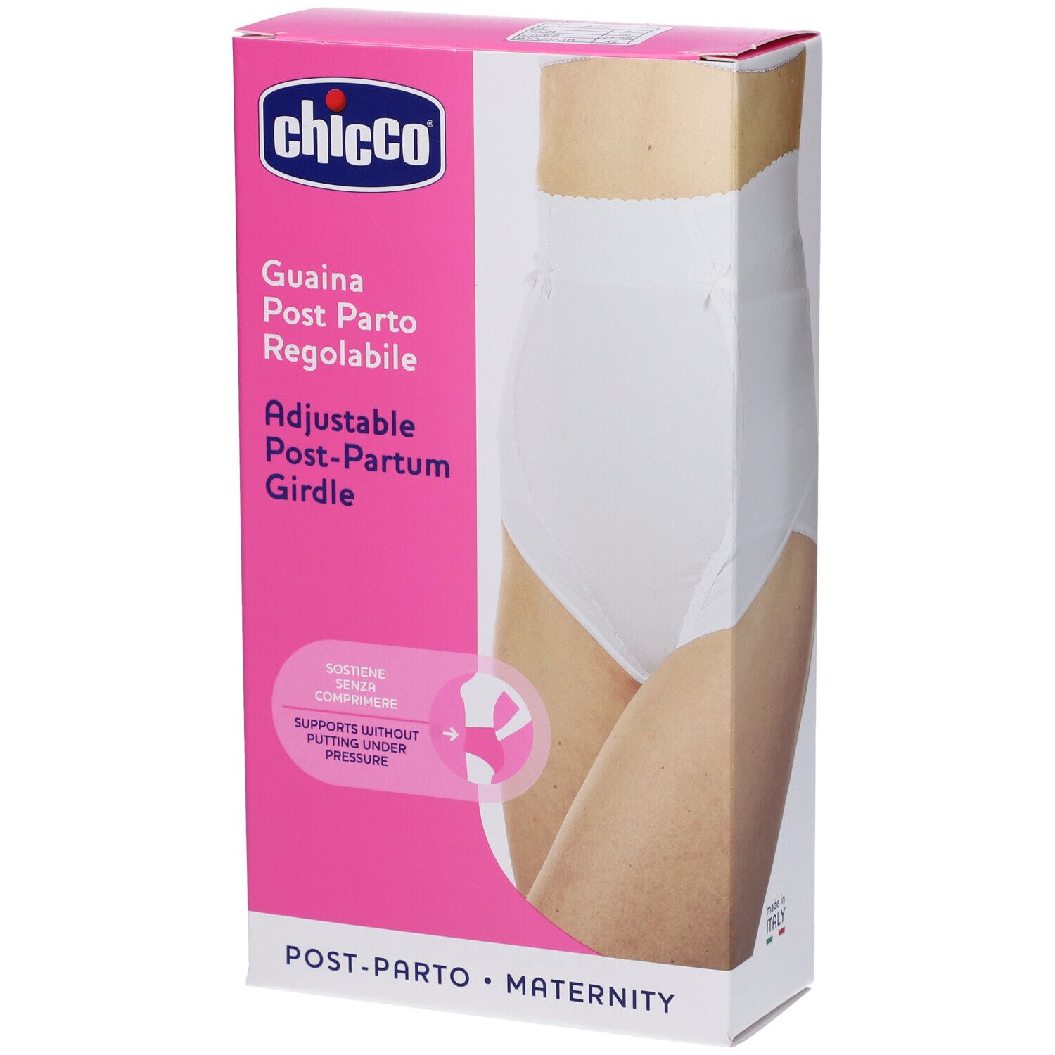 Confezione con immagine del prodotto. Testo: Chicco, Guaina Post Parto Regolabile, Adjustable Post-Partum Girdle. Colori rosa e bianco.