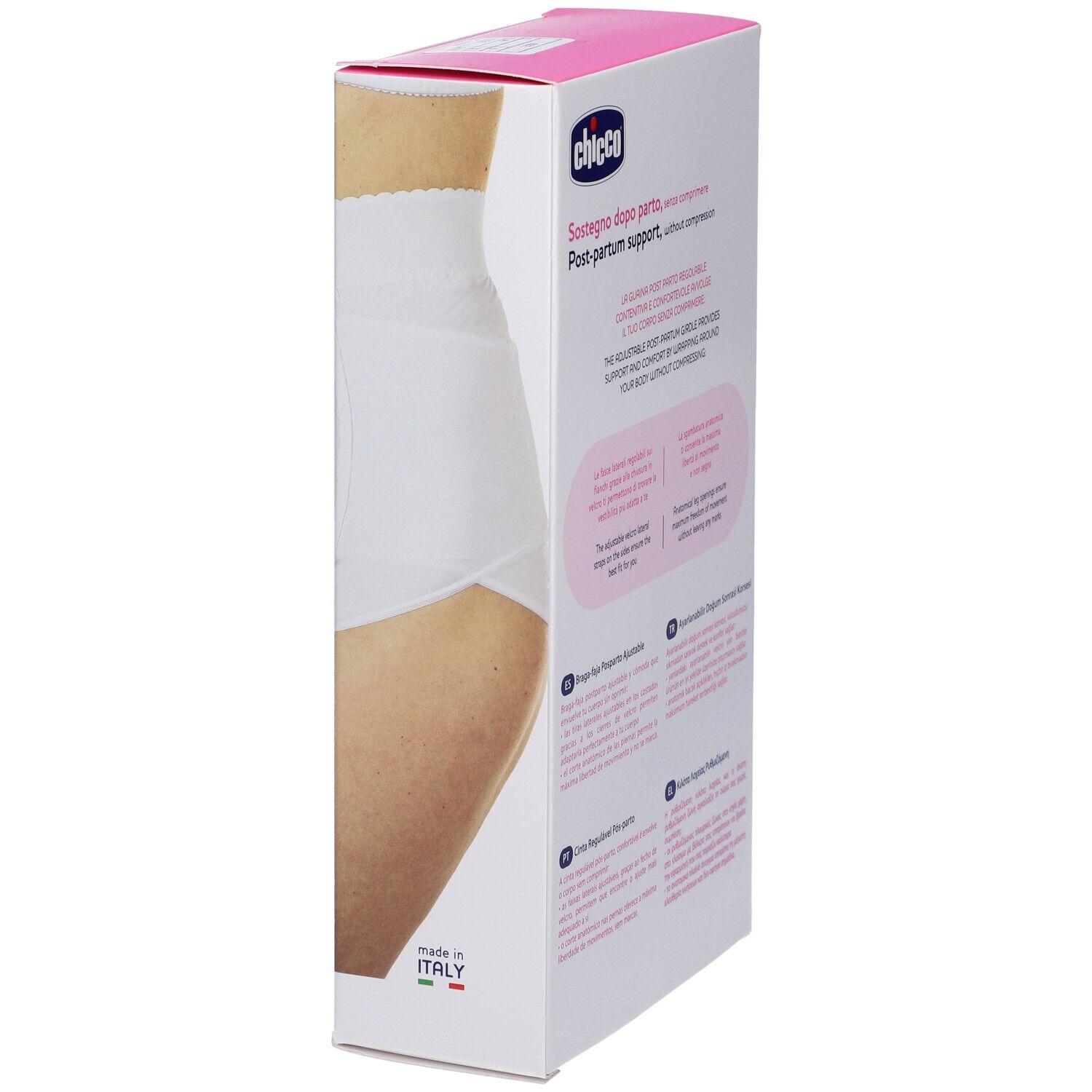 Confezione del prodotto, vista laterale. Testo: Made in Italy. Marchio: Chicco. Colori rosa e bianco. Immagine del prodotto.