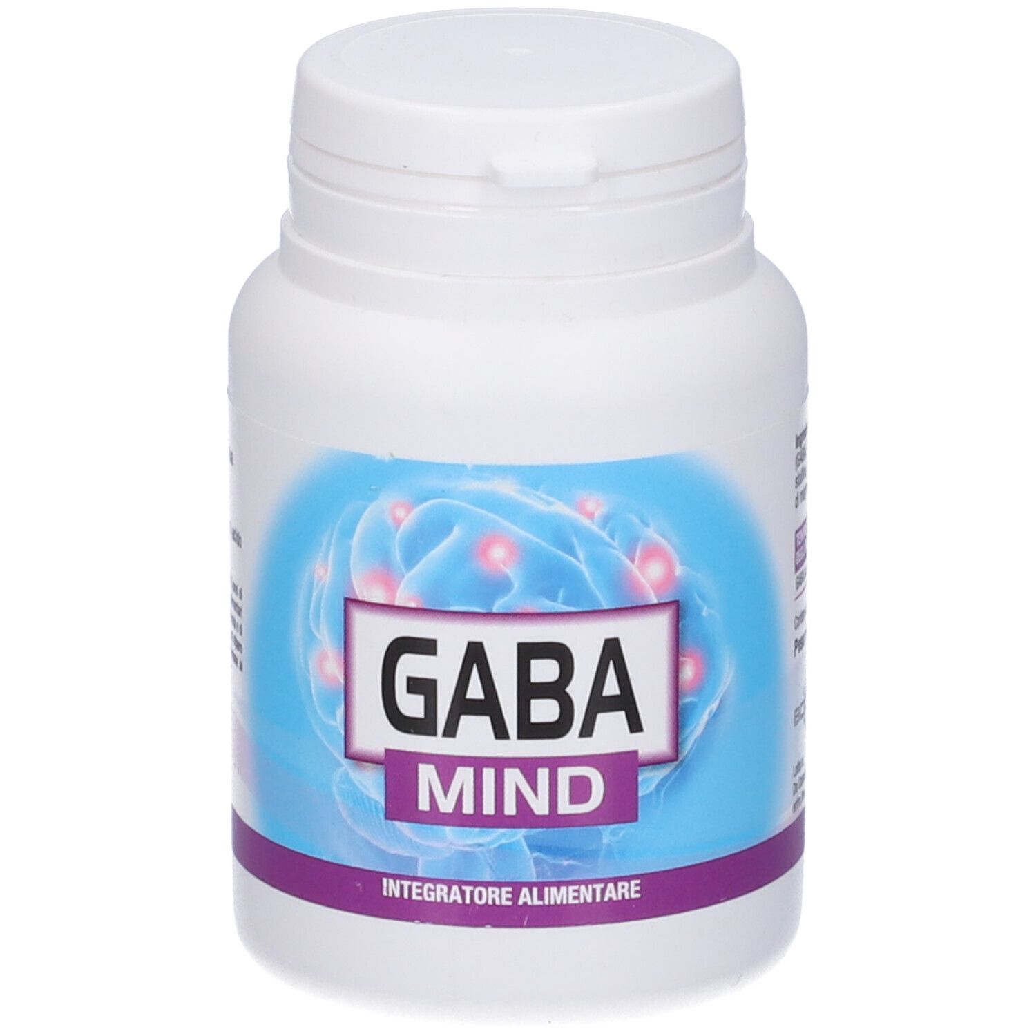 Flacone bianco con etichetta blu. Scritta: GABA MIND. "Integratore Alimentare".