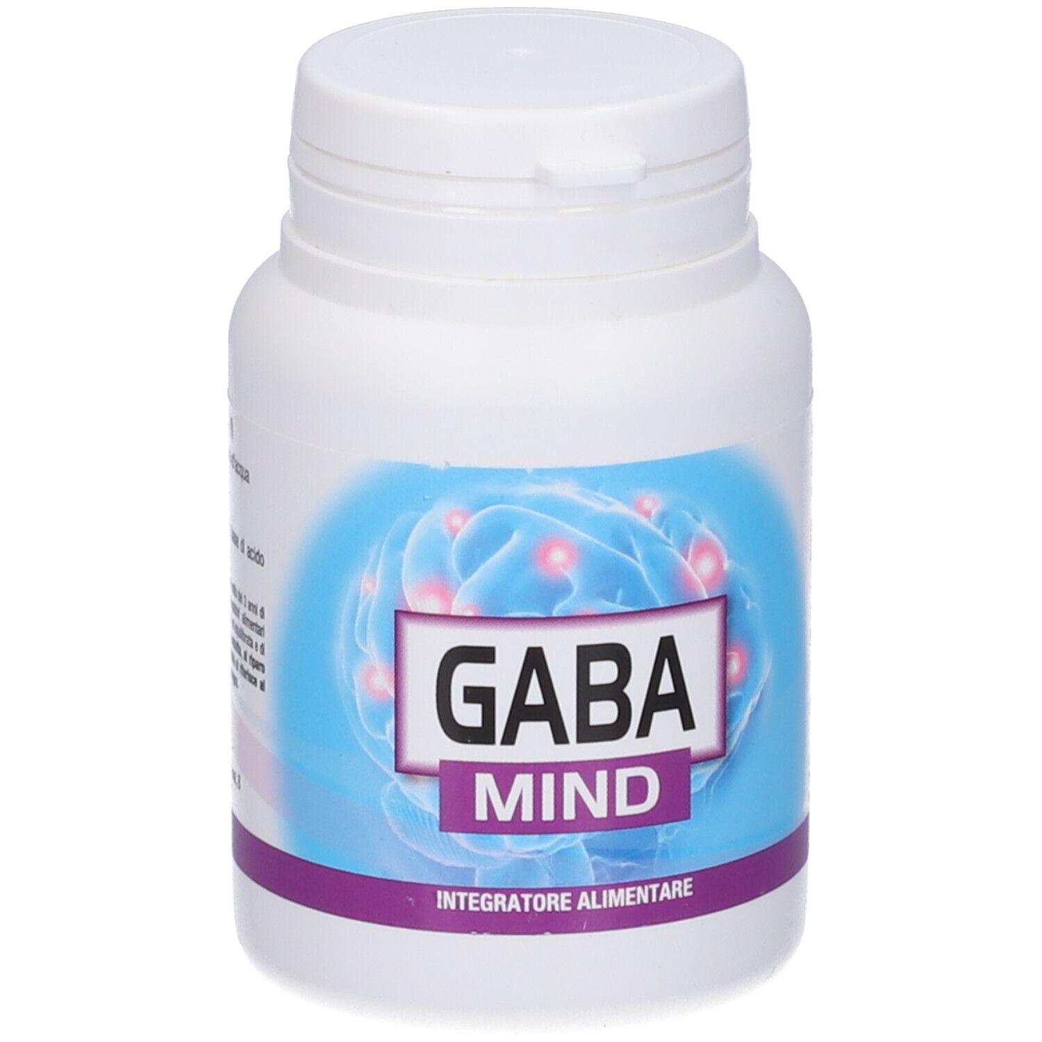 Flacone bianco con etichetta blu. Scritta: GABA MIND. "Integratore Alimentare".