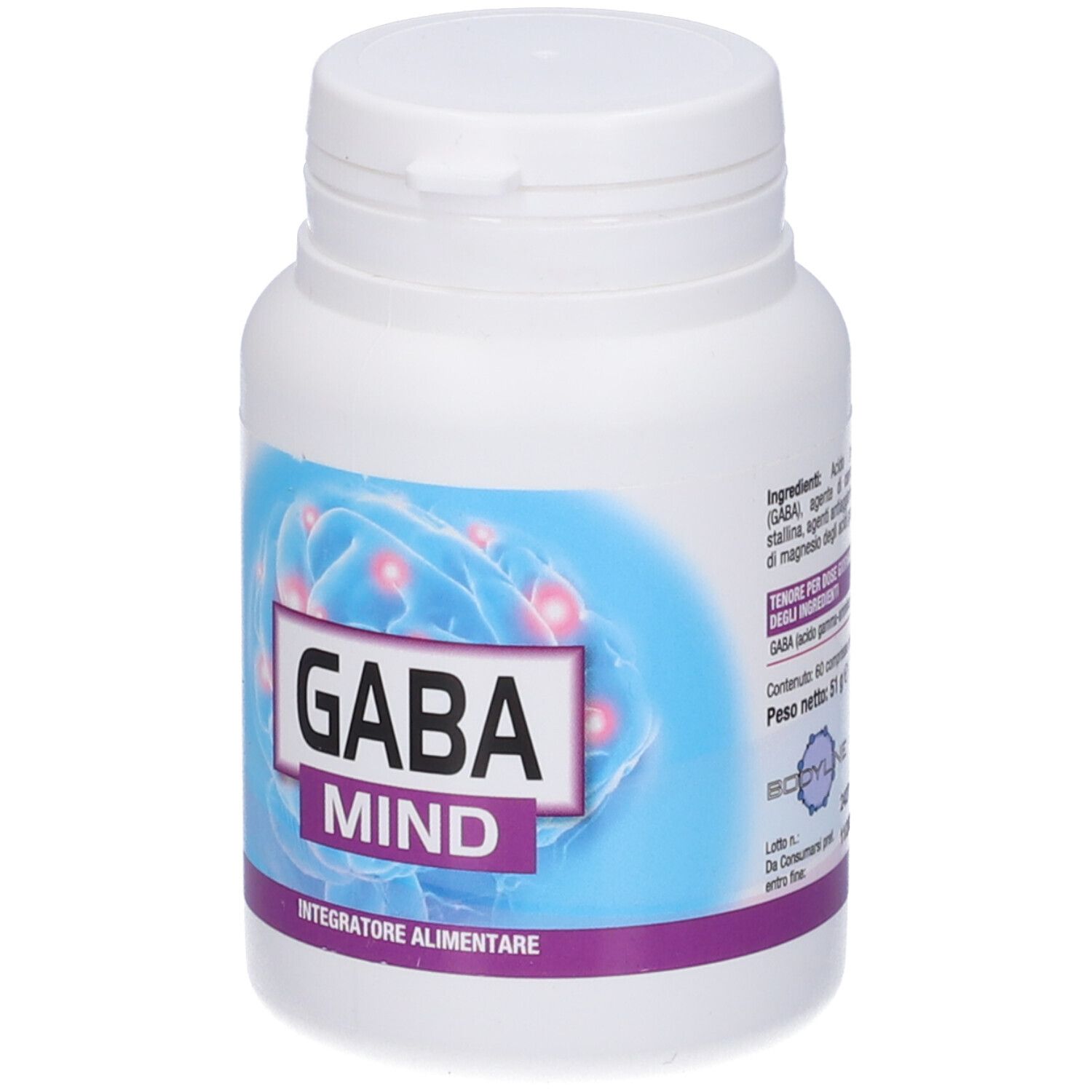 Flacone bianco con etichetta blu. Scritta: GABA MIND. "Integratore Alimentare".