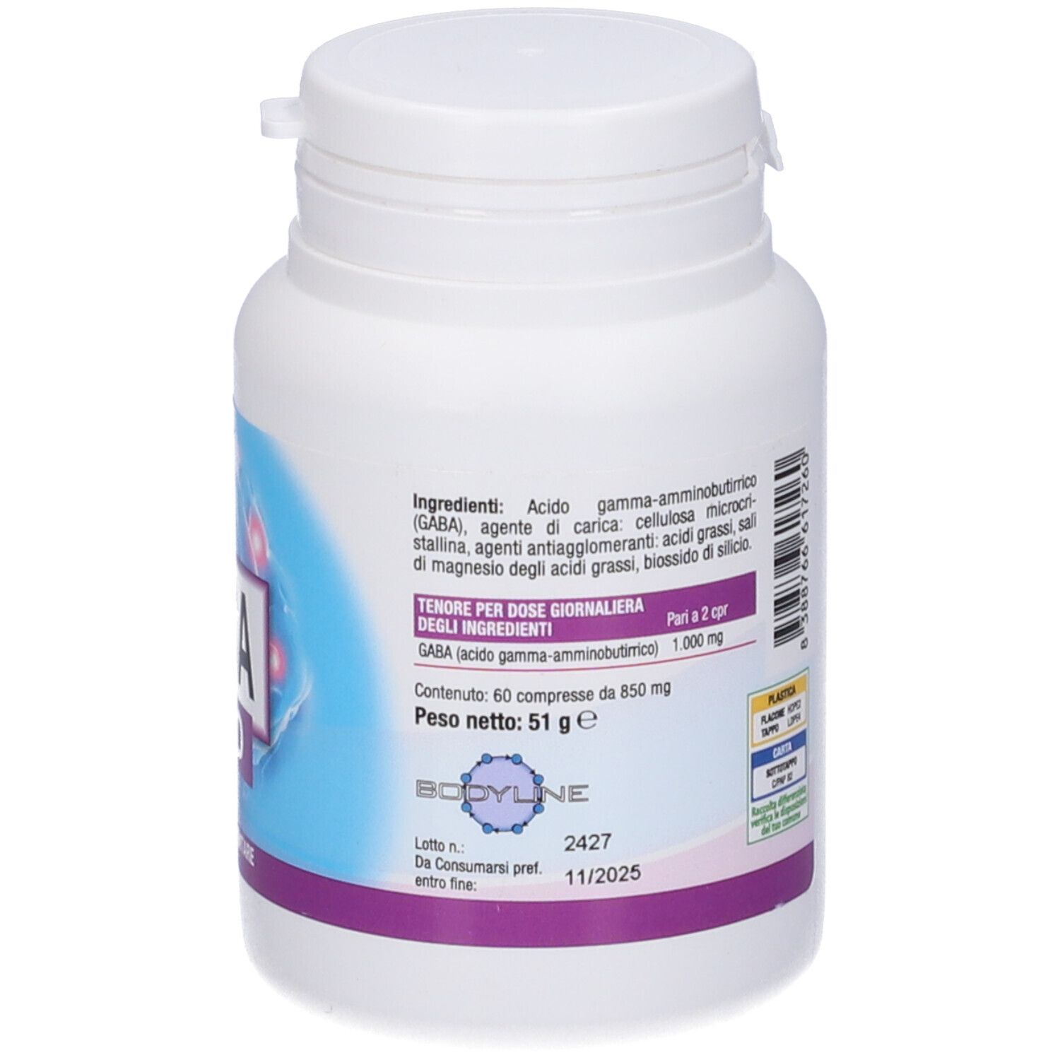 Flacone bianco con testo ed etichetta. Scritta: GABA. Testo in italiano.