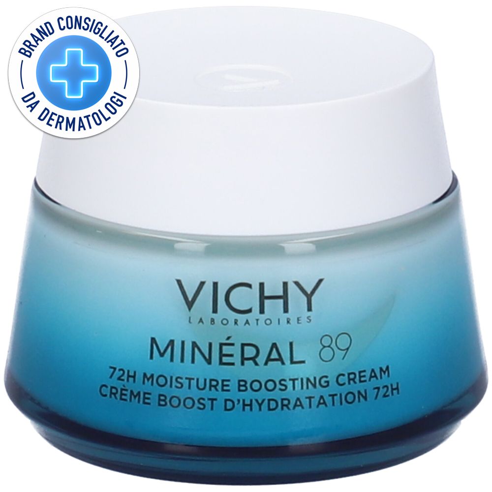 Vaso di crema con sfumatura blu. Scritta: Vichy Minéral 89, 72H Moisture Boosting Cream. Logo: Brand Consigliato da Dermatologi.