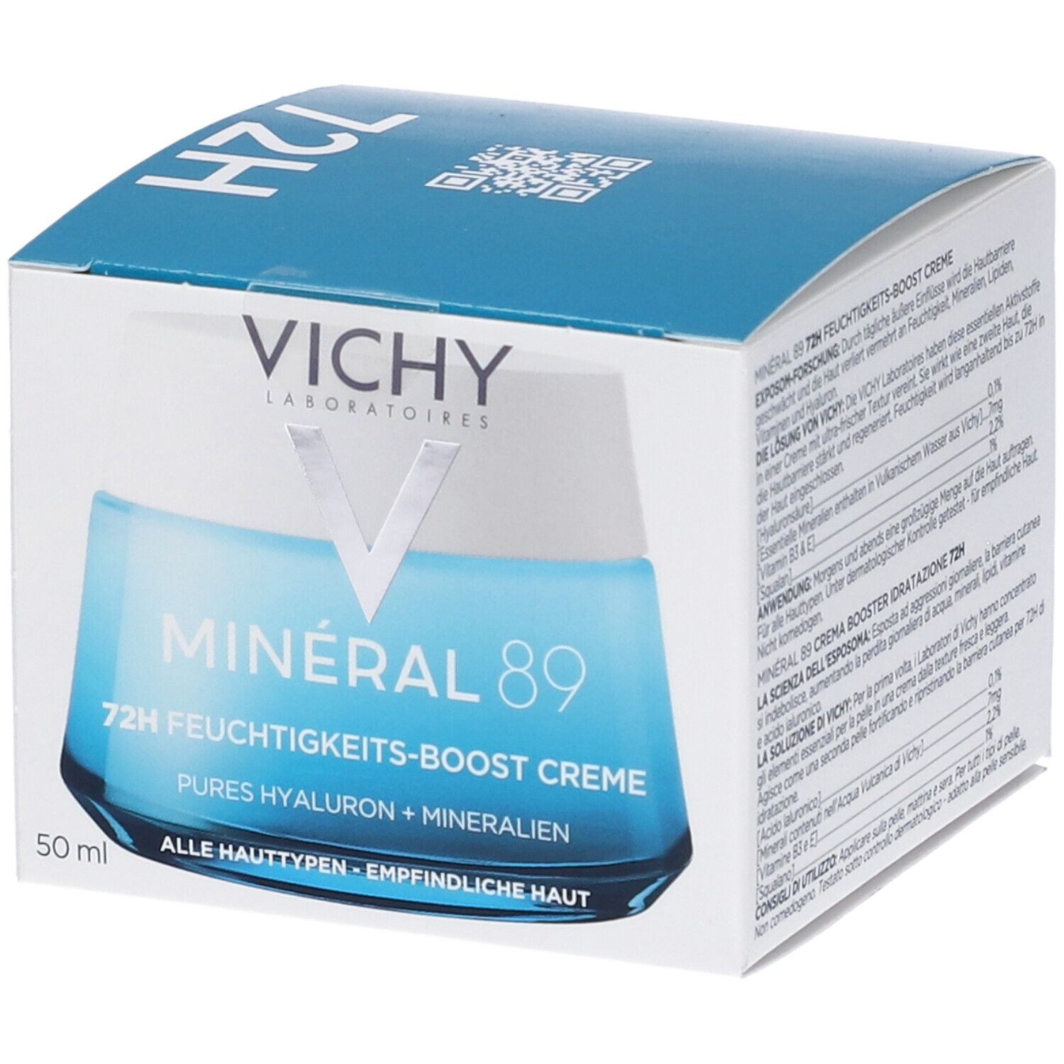 Confezione di crema Vichy Minéral 89. Scatola blu con nome del prodotto e ingredienti. Scritta: 72H Feuchtigkeits-Boost Creme.