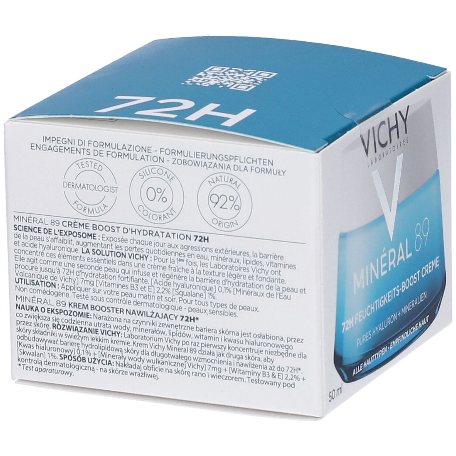 Retro della confezione della crema Vichy Minéral 89. Testo con ingredienti e istruzioni. Loghi: Dermatologist Tested, 0% Colorant.