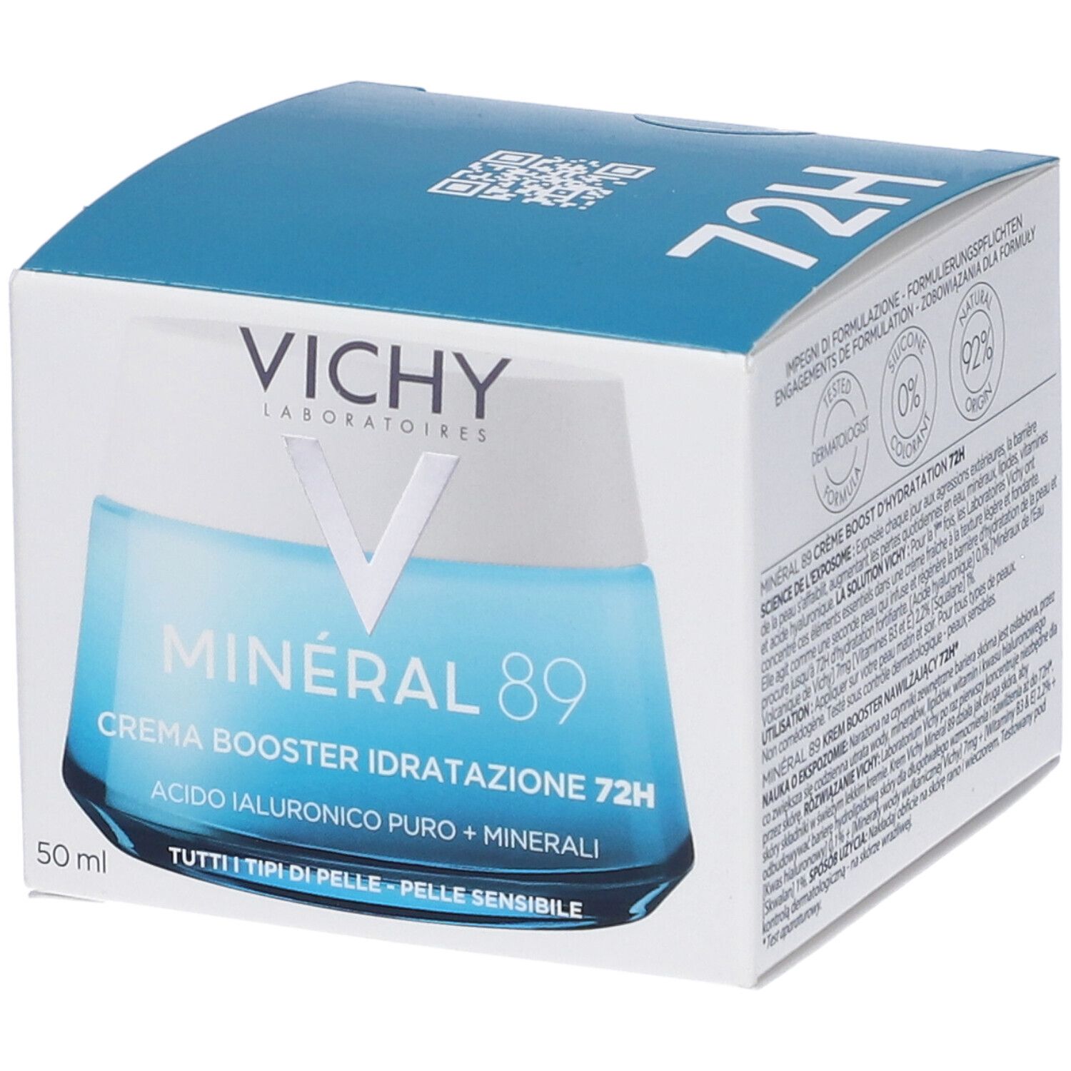 Confezione di crema Vichy Minéral 89. Scatola blu con nome del prodotto e ingredienti. Scritta: 72H Creme Booster Idratation.