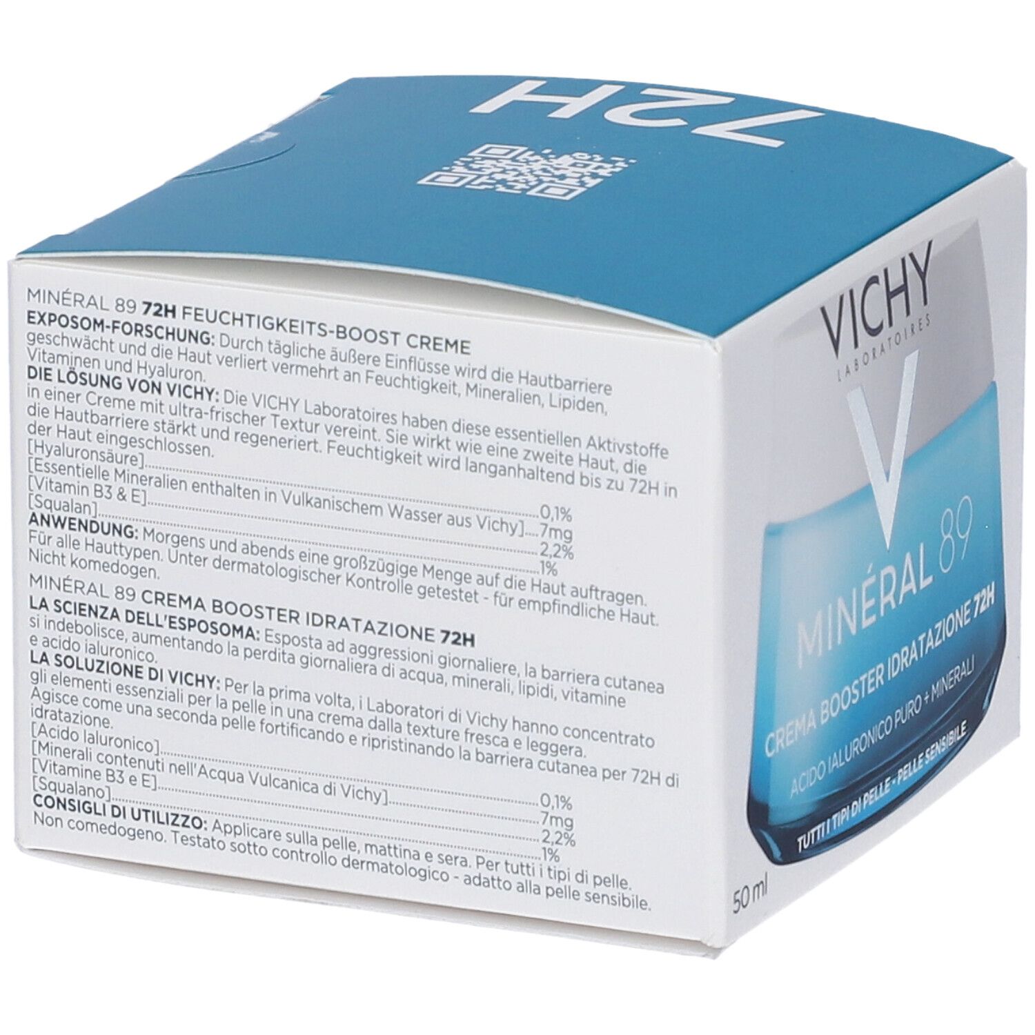 Retro della confezione della crema Vichy Minéral 89. Testo con ingredienti e istruzioni. Scritta: 72H Feuchtigkeits-Boost Creme.