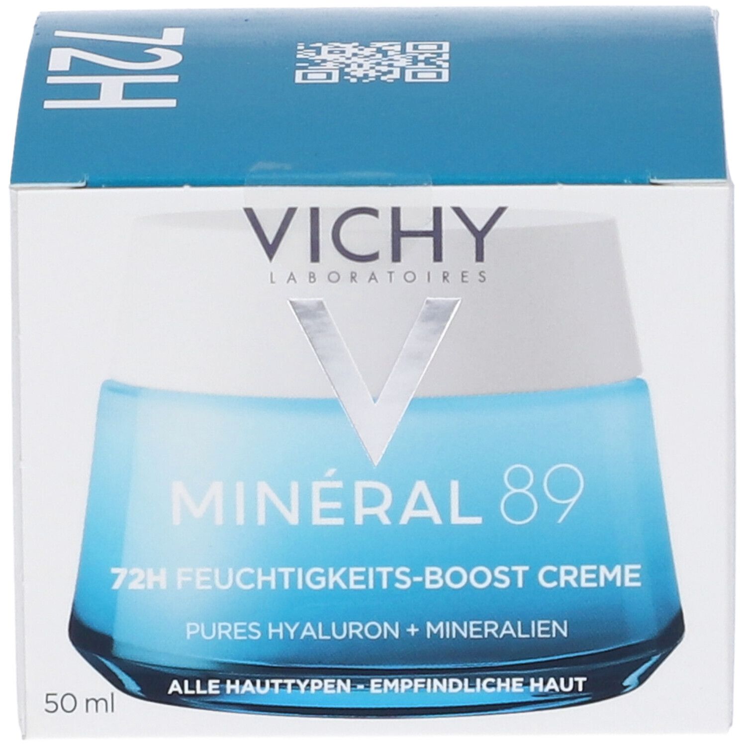 Confezione di crema Vichy Minéral 89. Scatola blu con nome del prodotto e ingredienti. Scritta: 72H Feuchtigkeits-Boost Creme.
