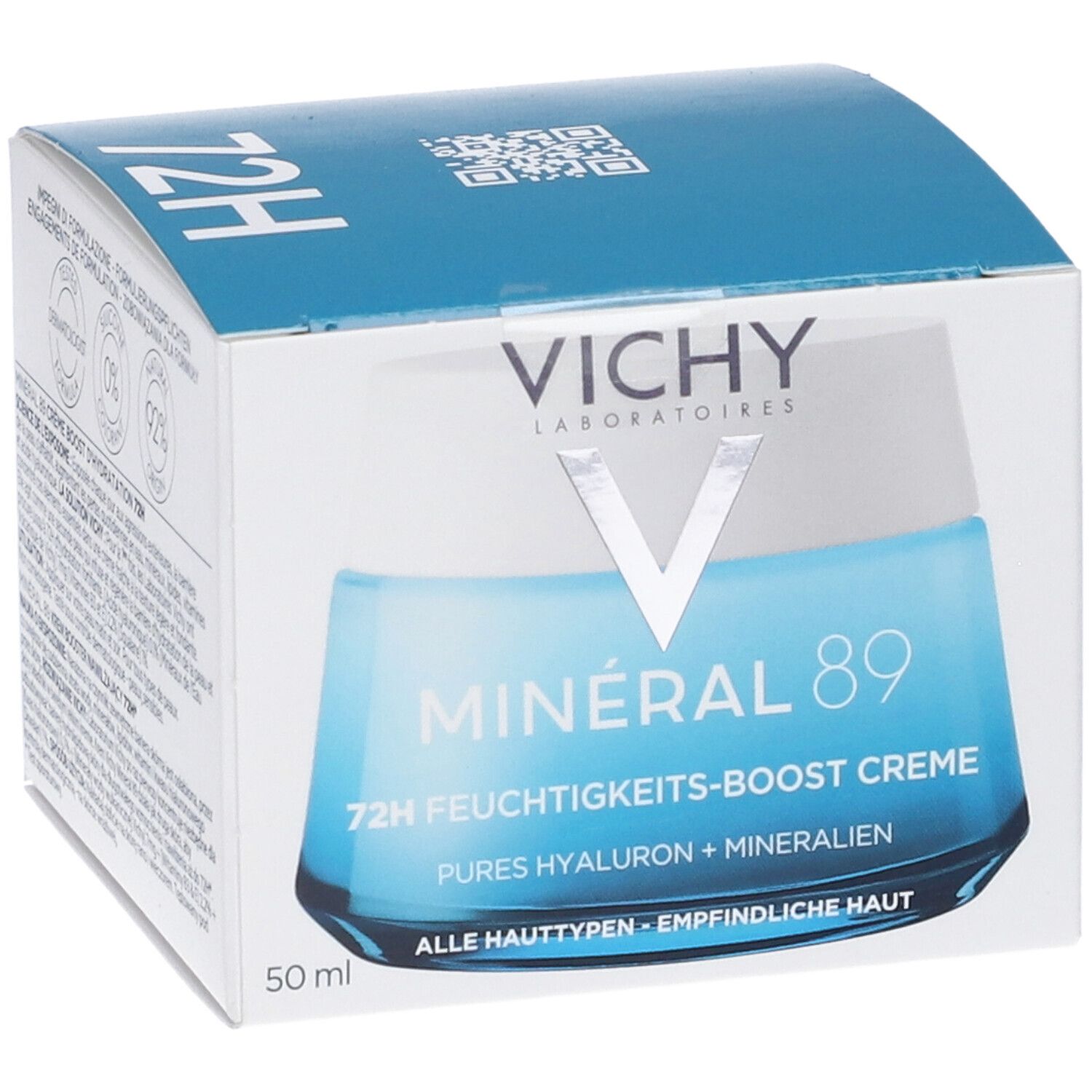 Confezione di crema Vichy Minéral 89. Scatola blu con nome del prodotto e ingredienti. Scritta: 72H Feuchtigkeits-Boost Creme.