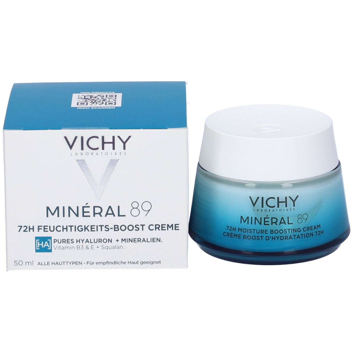 Confezione e vaso di crema Vichy Minéral 89. Scatola blu con nome del prodotto e ingredienti. Vaso con sfumatura blu.