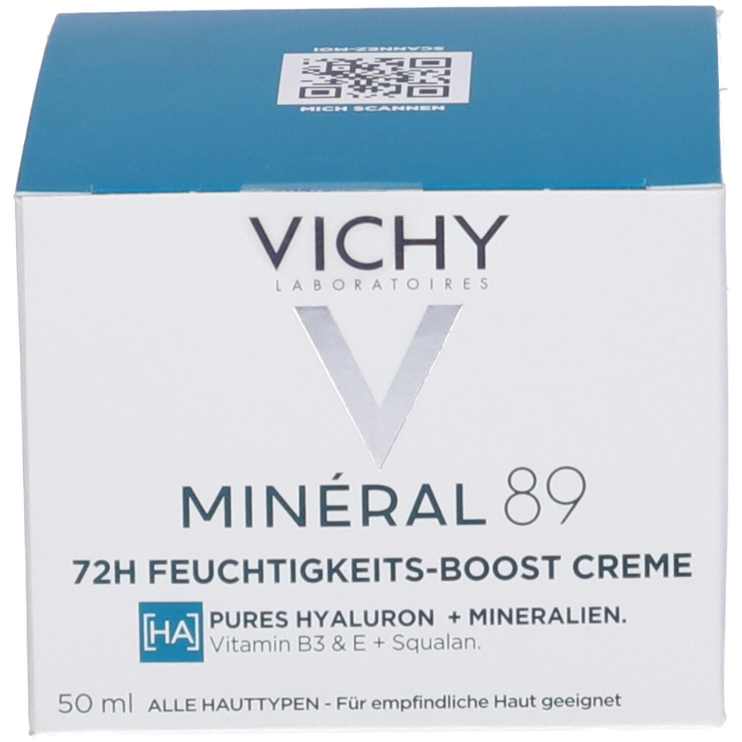 Confezione di crema Vichy Minéral 89. Scatola blu con nome del prodotto e ingredienti. Scritta: 72H Feuchtigkeits-Boost Creme.