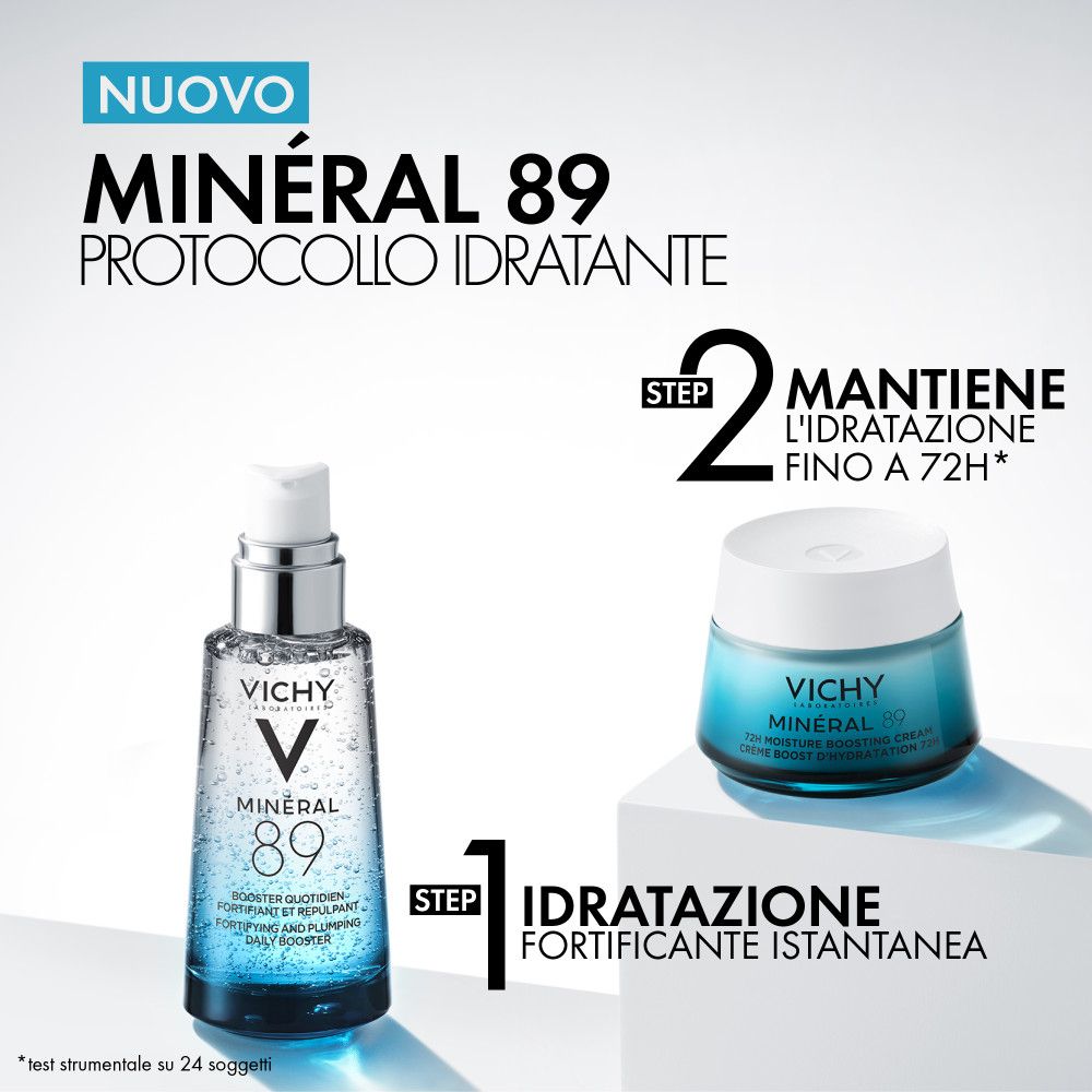 Vichy Mineral 89 Feuchtigkeits-Boost Creme und Serumflasche, die Hydratationsschritte zeigen.