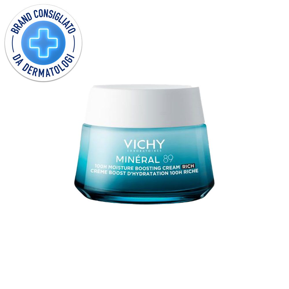 Vaso di crema con coperchio bianco. Scritta: Vichy Minéral 89. Logo: Brand Consigliato da Dermatologi.