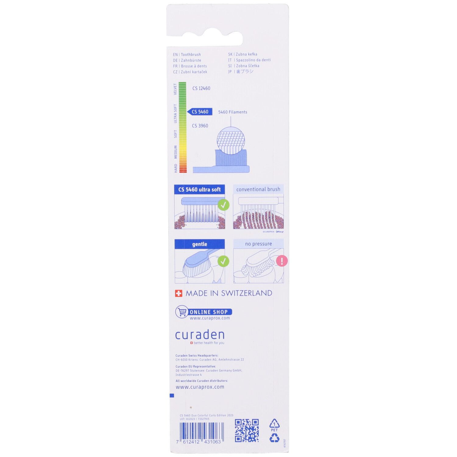 Retro della confezione blister. Diagrammi e testo di descrizione del prodotto. Marchio Curaprox, modello CS 5460 ultra soft. Prodotto in Svizzera.