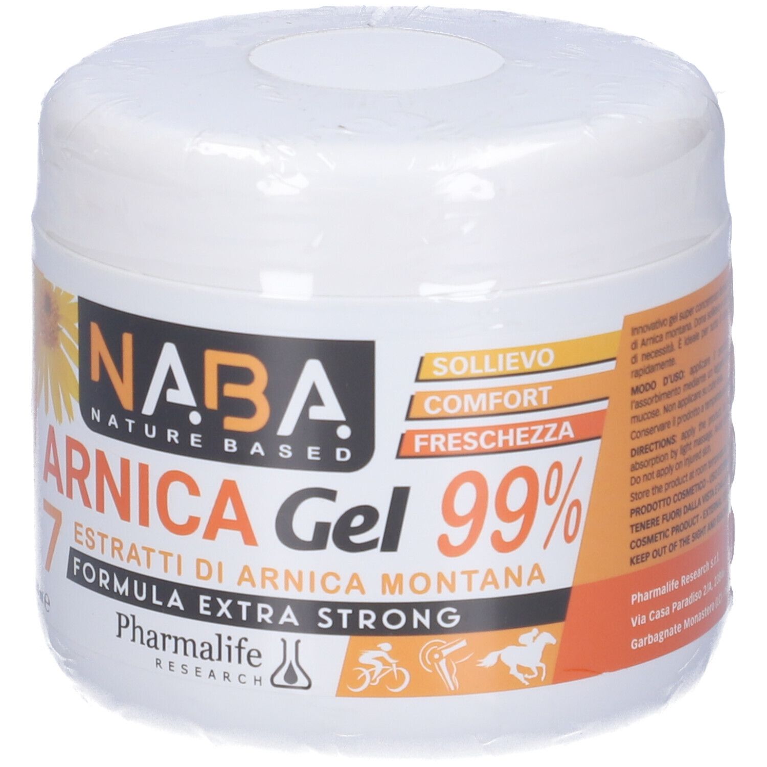 Weißer Tiegel mit Aufschrift NABA Arnica Gel 99%. Orangefarbene Etiketten mit Produktinformationen und Logo. 500 ml.