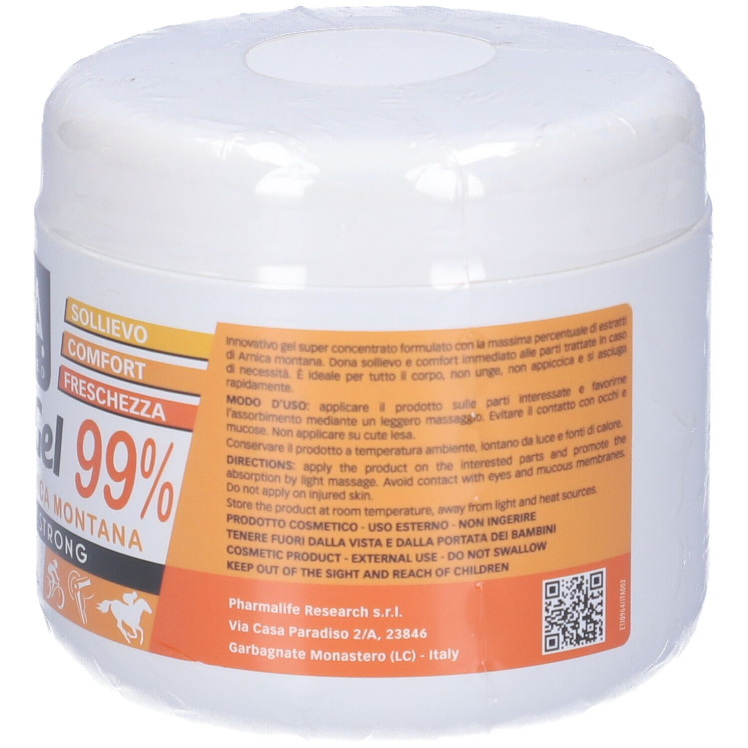 Weißer Tiegel mit Aufschrift NABA Arnica Gel 99%. Orangefarbene Etiketten mit Produktinformationen und Logo. 500 ml.