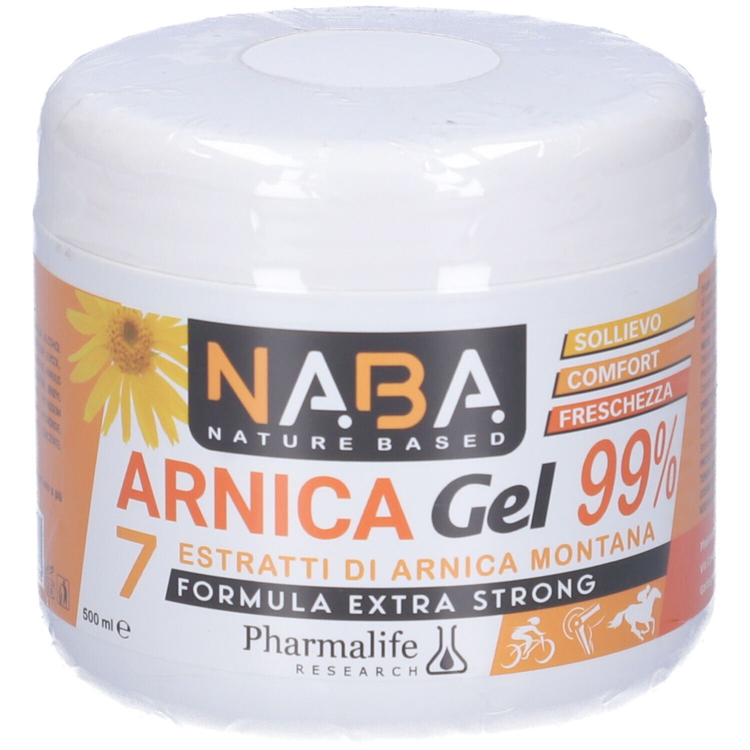 Weißes Tiegel mit Aufschrift NABA Arnica Gel 99%. Orangefarbene Etiketten mit Produktinformationen und Logo. 500 ml.