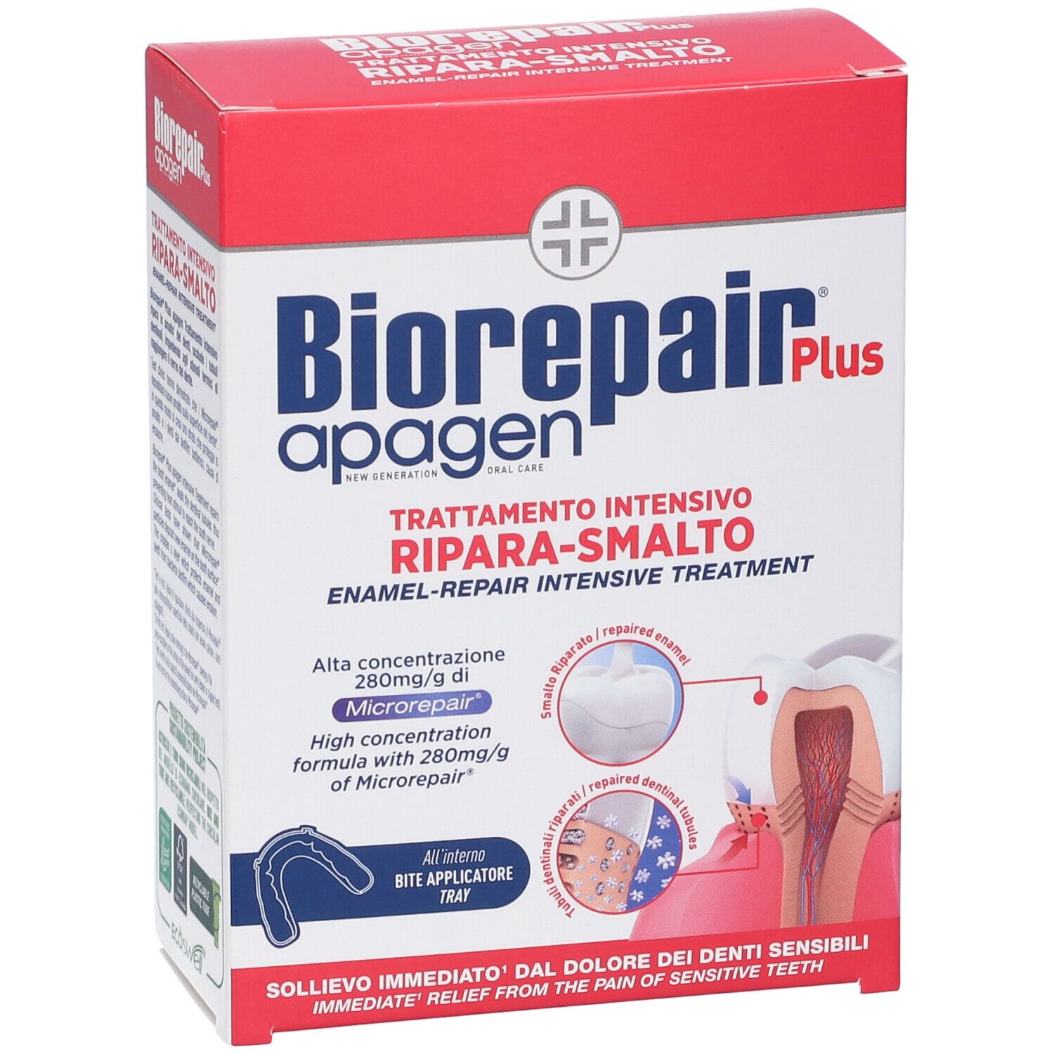 Biorepair apagen Intensive Schmelzreparatur Behandlungskarton mit Bissapplikator-Schale.
