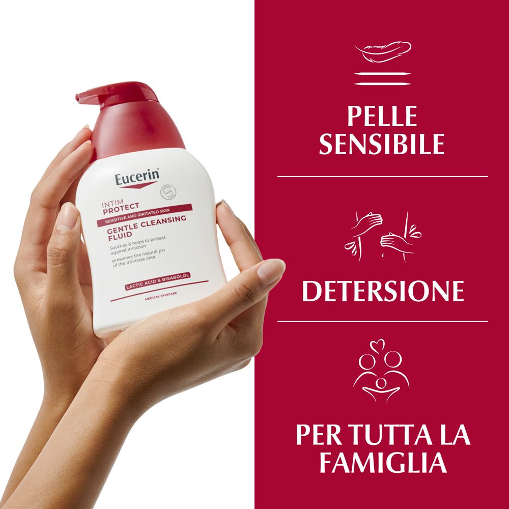 Eucerin Intim Protect sanfte Reinigung. Weiße Flasche mit rotem Pumpspender.