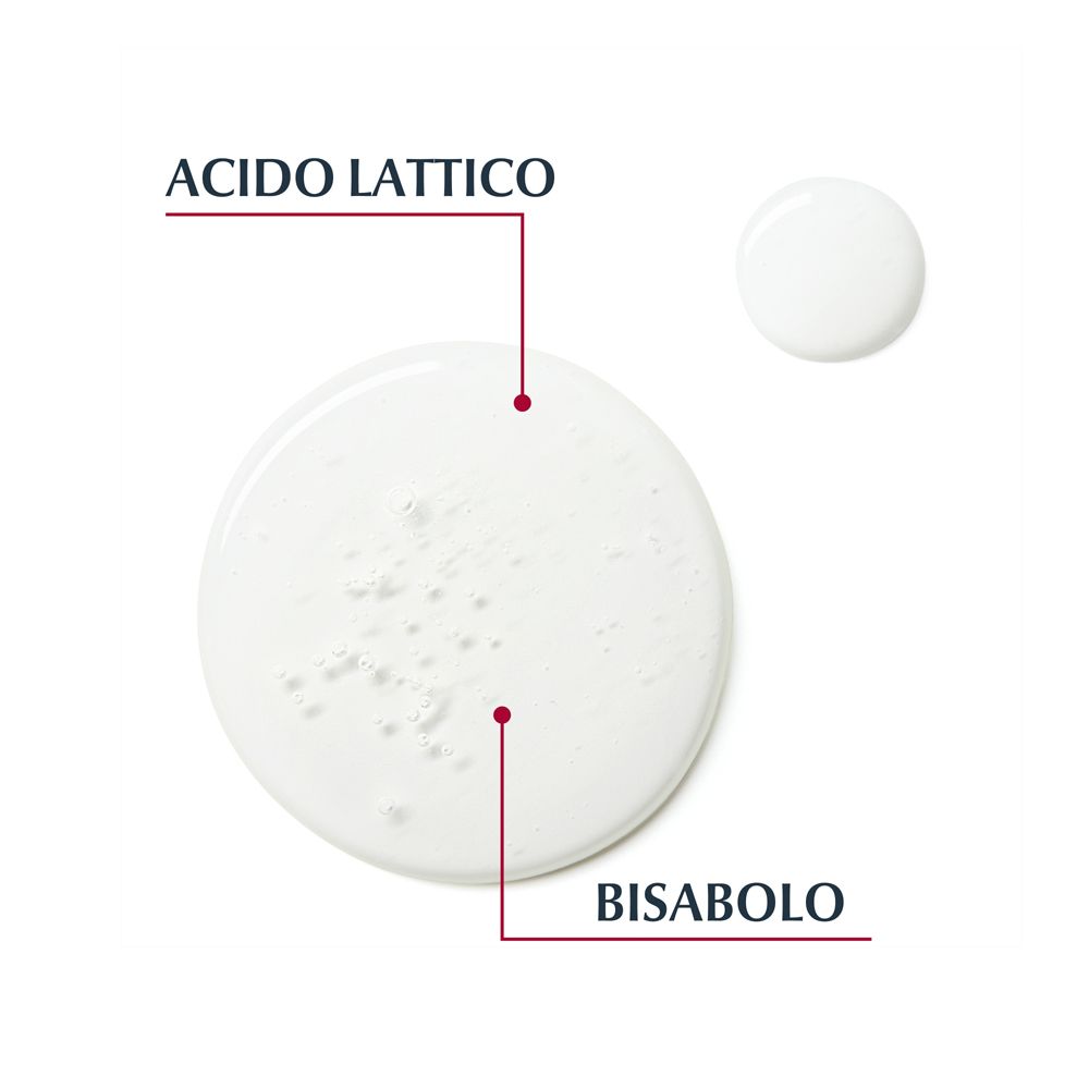 Eine große, klare Flüssigkeitstropfen mit kleinen Partikeln und ein kleiner Tropfen daneben. Beschriftet mit 'Milchsäure' und 'Bisabolol'.