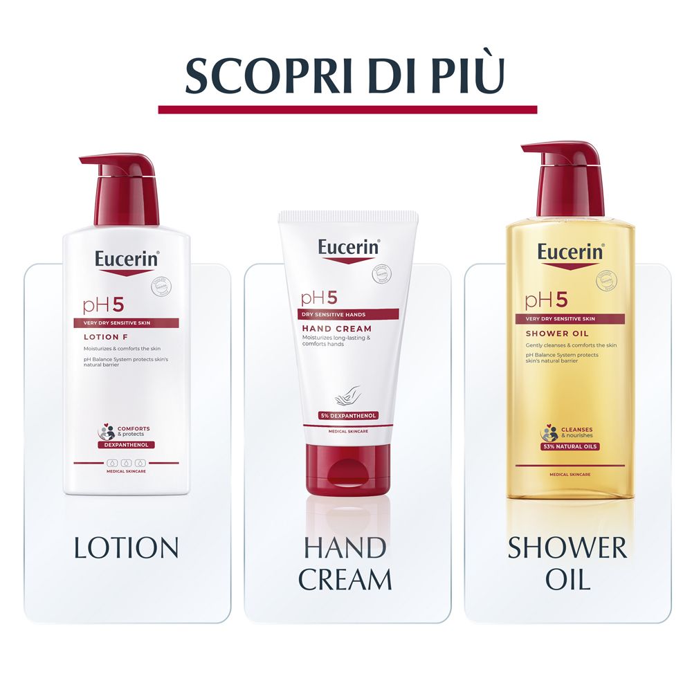 Eucerin pH5 Lotion, Handcreme und Duschöl in weißen Flaschen mit roten Akzenten.