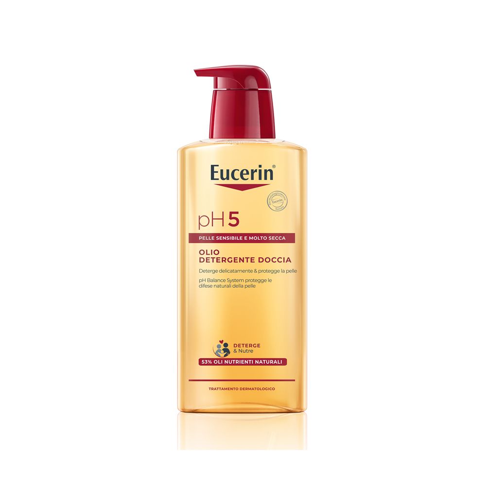Eucerin pH5 Olio Detergente Doccia. Flacone con dosatore rosso. Liquido giallo. Testo: pH5, per pelli sensibili e molto secche.