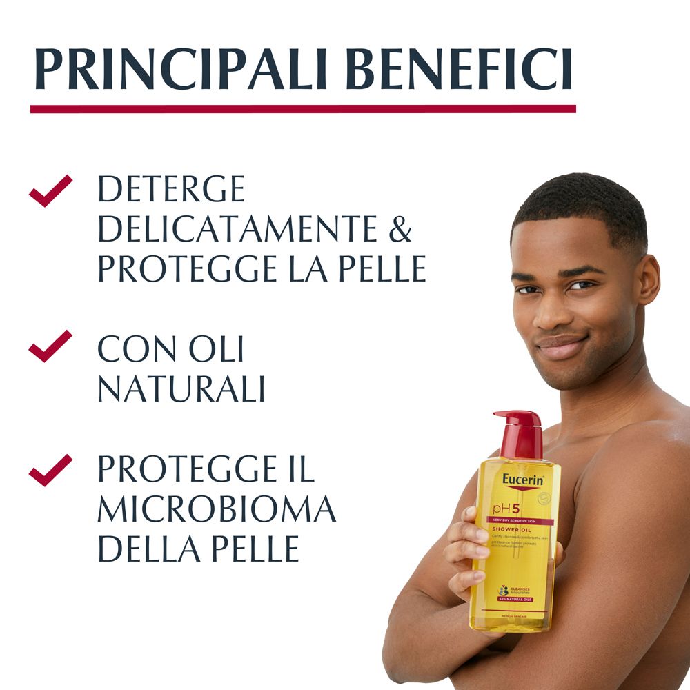 Uomo tiene Eucerin pH5 Olio Detergente Doccia. Testo: Deterge delicatamente, protegge la pelle, con oli naturali, protegge il microbioma.
