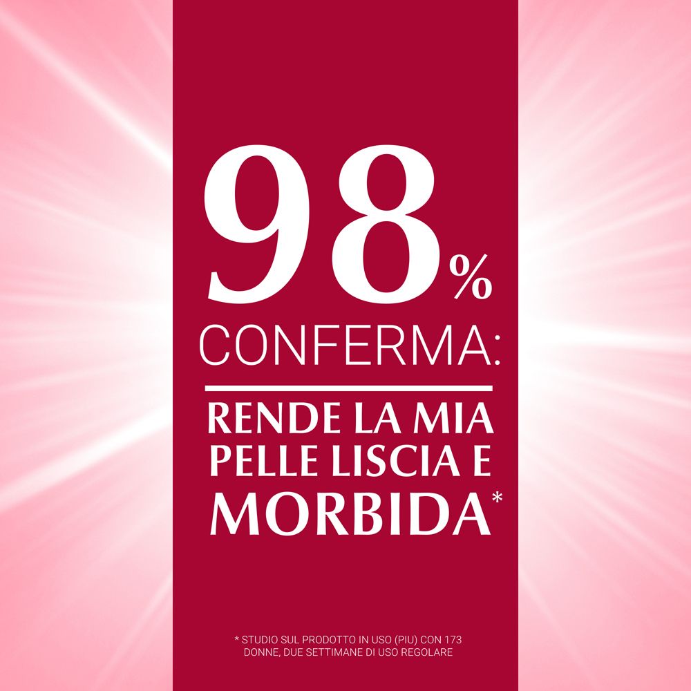 Sfondo rosso con testo: 98% confermano: Rende la mia pelle liscia e morbida. Asterisco.