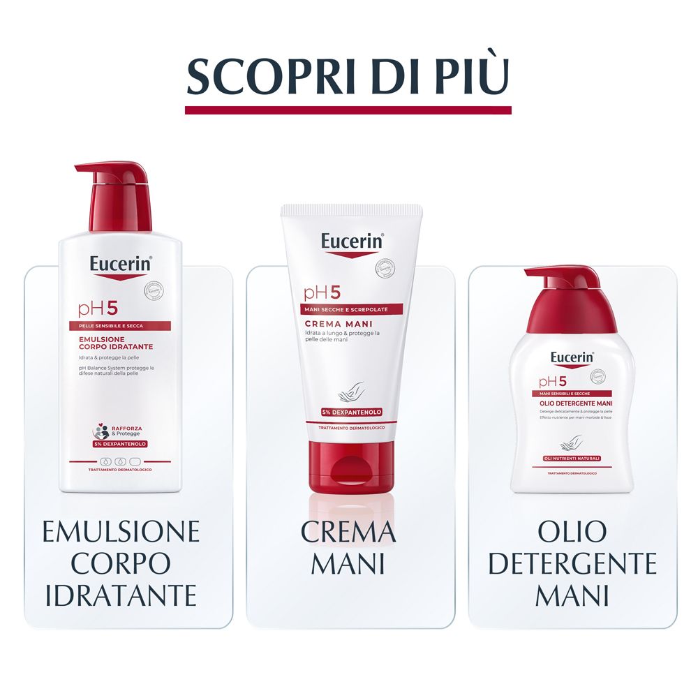Tre prodotti Eucerin pH5: Emulsione, crema, olio. Sfondo bianco. Confezioni rosse e bianche.