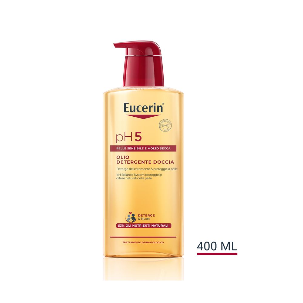 Eucerin pH5 Olio Detergente Doccia. Flacone con dosatore rosso. Liquido giallo. Testo: 400 ml.