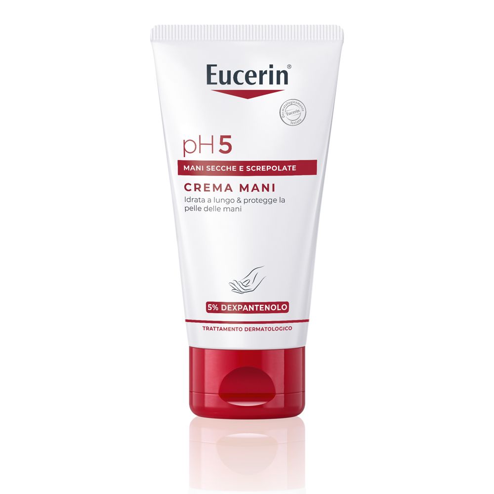 Tubo bianco e rosso Eucerin pH5 Crema Mani. Testo: Mani Secche e Screpolate. 5% Dexpanthenol. Trattamento dermatologico.