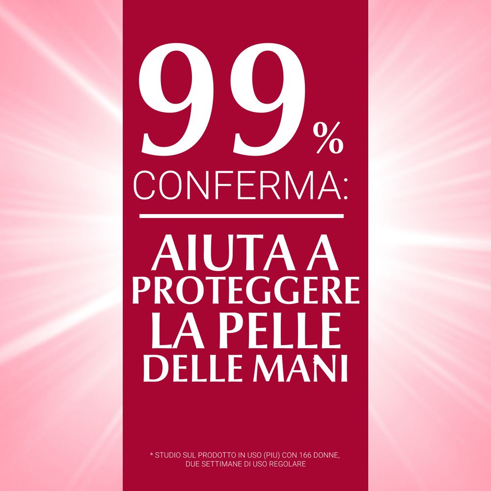 Testo su sfondo rosso: 99% confermano: Aiuta a proteggere la pelle delle mani.