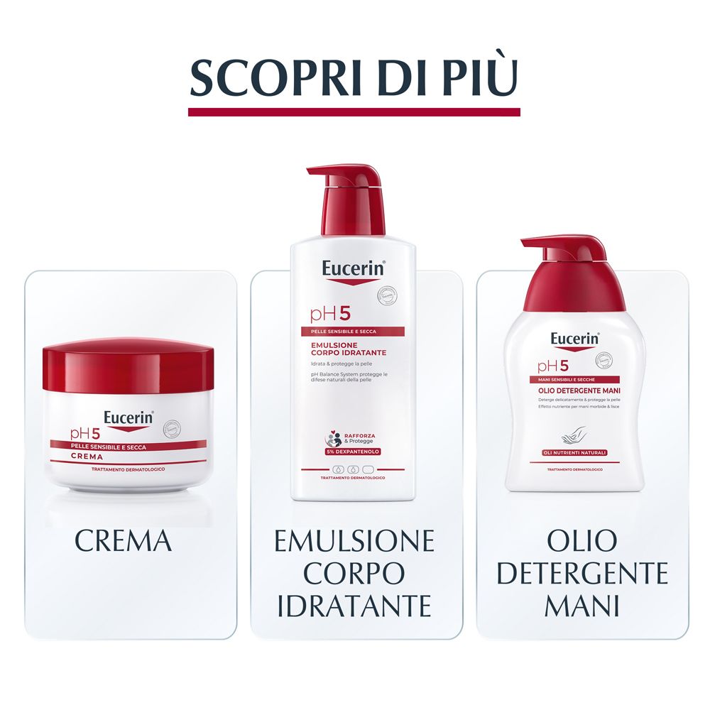 Tre prodotti Eucerin pH5: Crema, Emulsione, Olio. Testo: Scopri di più.