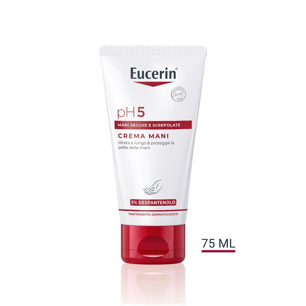 Tubo bianco e rosso Eucerin pH5 Crema Mani. 75 ml.