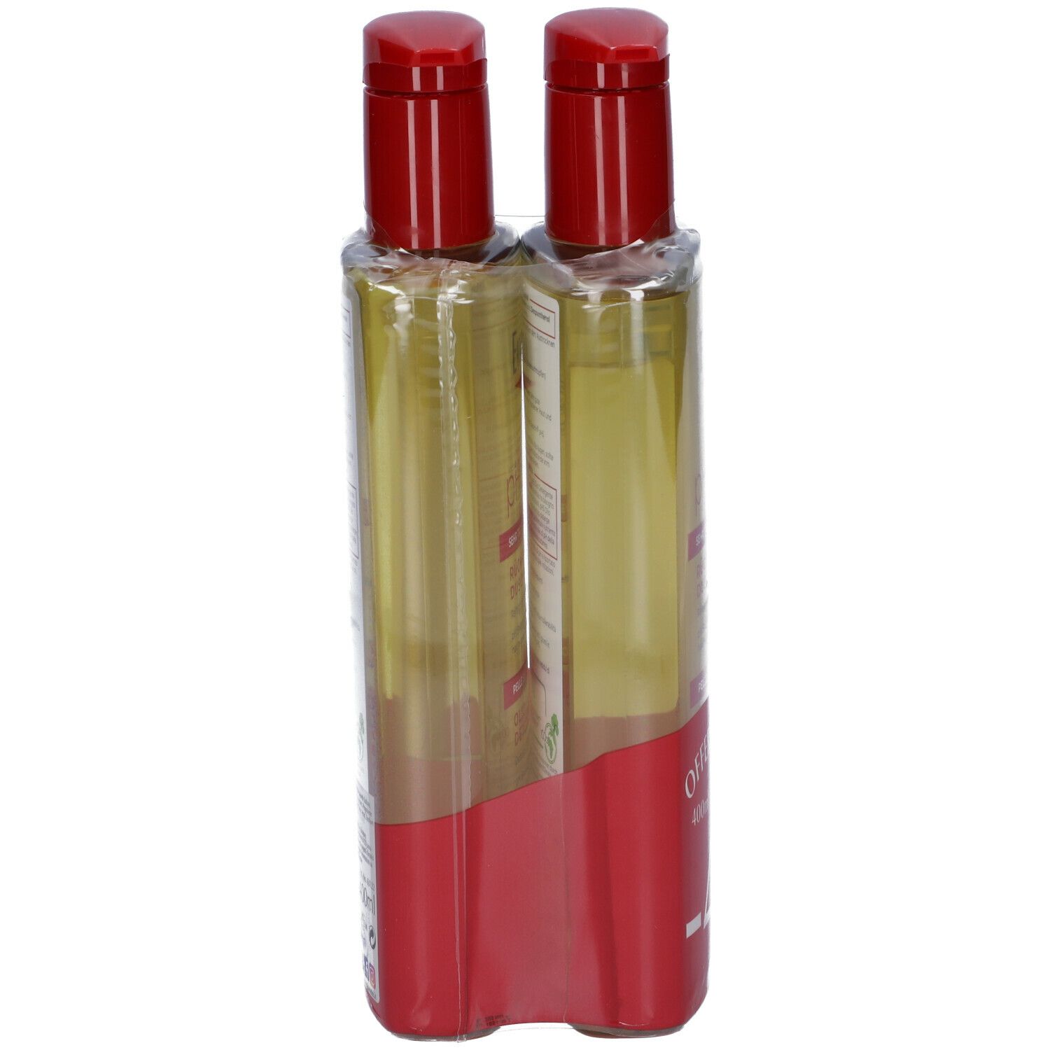 Due flaconi in confezione di plastica. Tappi rossi, flaconi trasparenti. Etichetta rossa.
