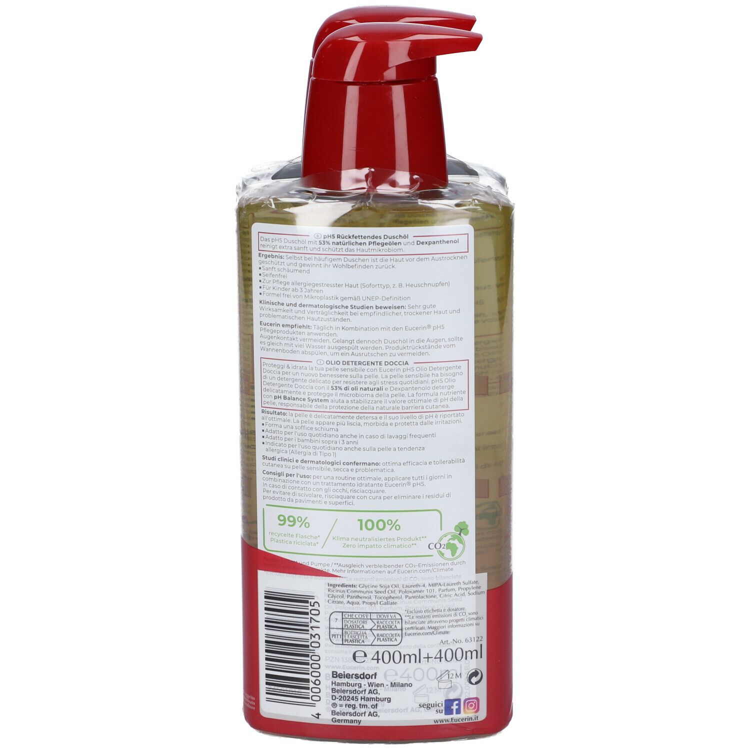 Retro del flacone con erogatore rosso. Testo e loghi. Certificazioni verde e bianco.