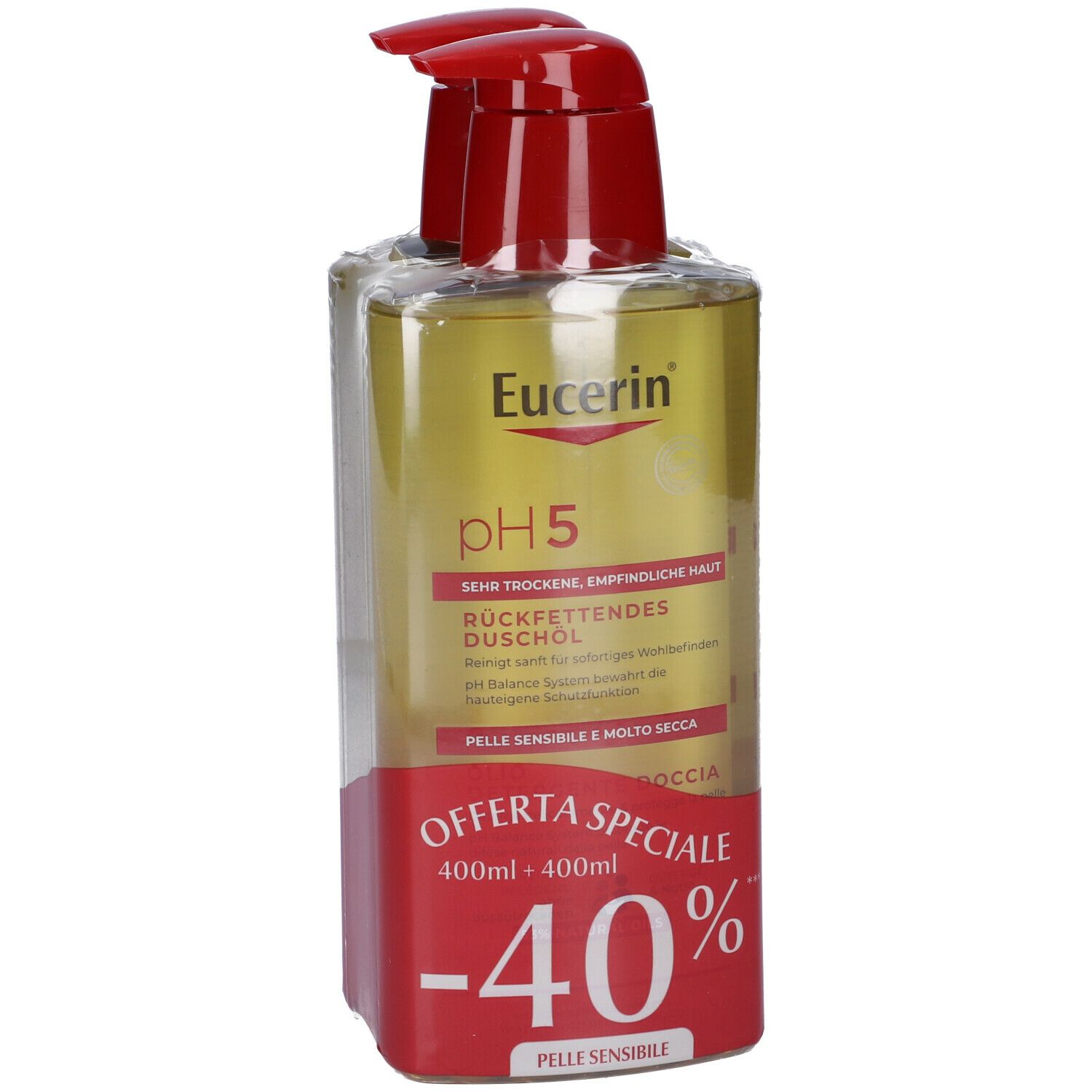 Flacone trasparente con erogatore rosso. Etichetta Eucerin pH5. Offerta: sconto 40%.