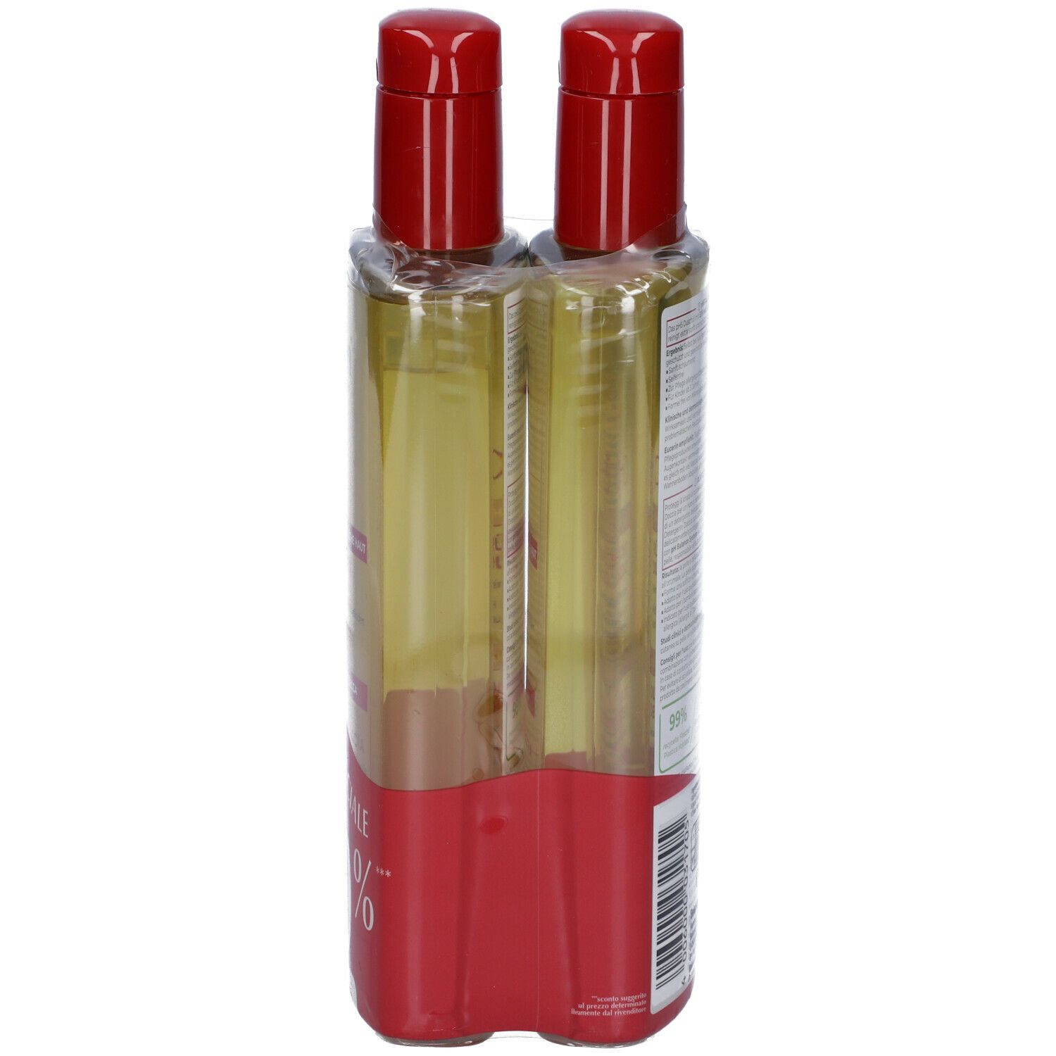 Due flaconi in confezione di plastica. Tappi rossi, flaconi trasparenti. Etichetta rossa.