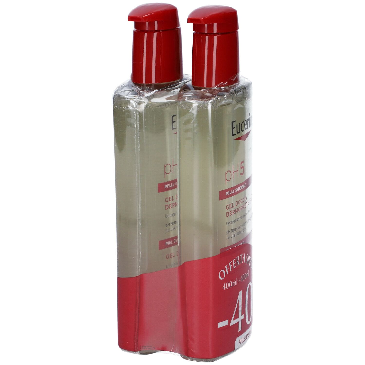 Due flaconi di gel doccia Eucerin pH5 con erogatore rosso, confezionati. Scritta: pH5, offerta -40%.