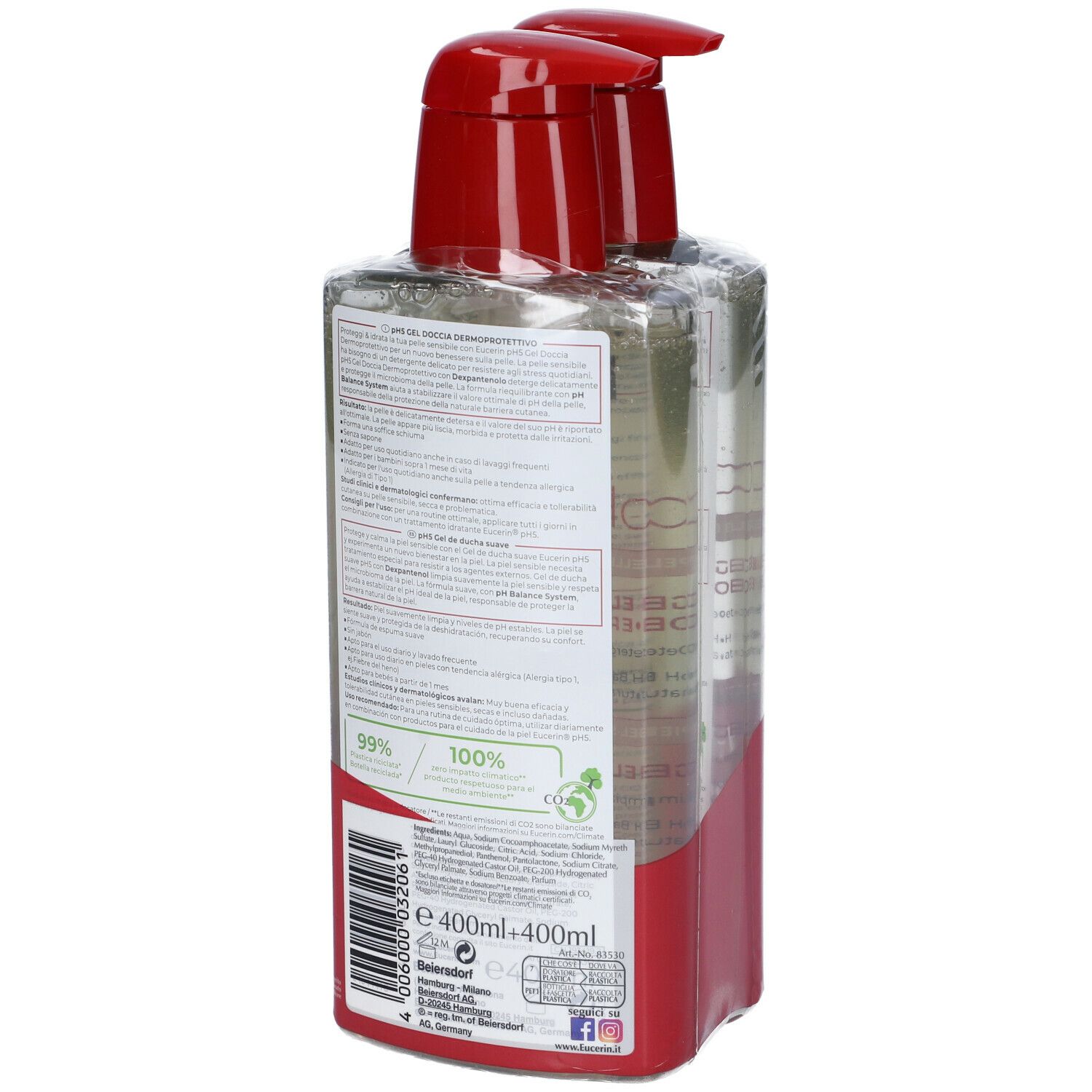 Retro di due flaconi di gel doccia Eucerin pH5 con erogatore rosso, confezionati. Scritta: pH5, 99% e 100%.