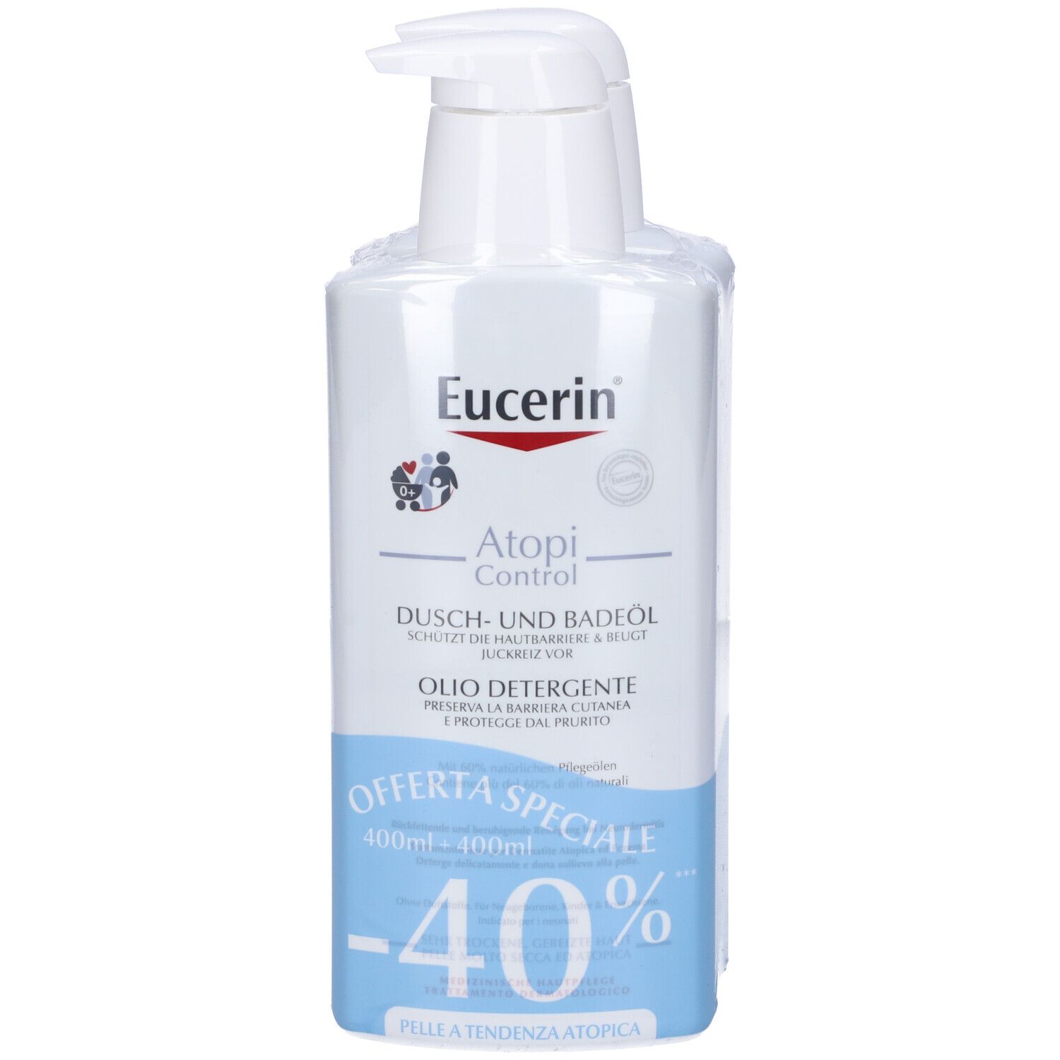 Flacone bianco con dosatore. Scritta: Eucerin, AtopiControl, Dusch- und Badeöl, Olio Detergente. Fascia blu con sconto -40%.