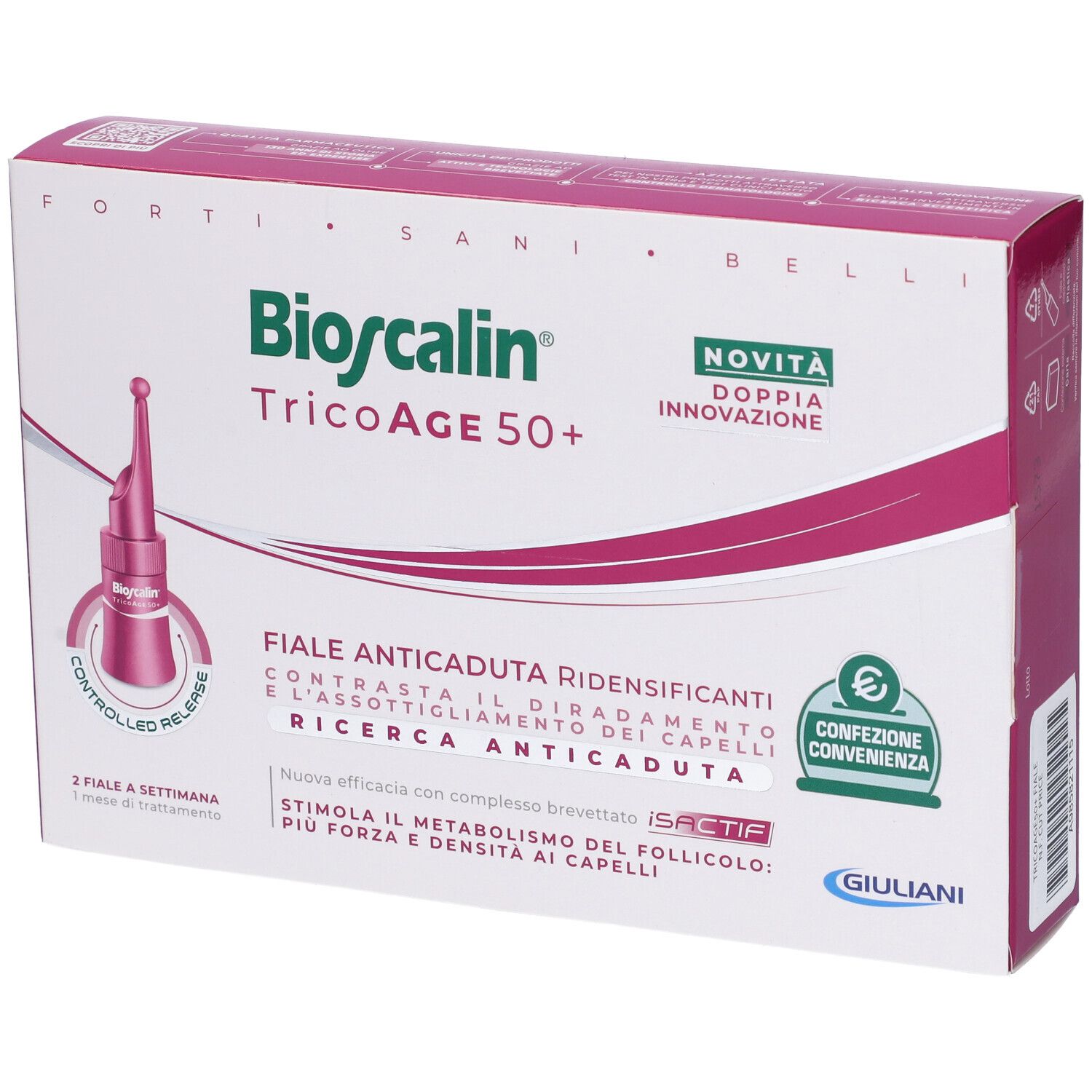 Confezione Bioscalin TricoAge 50+ con fiale. Design rosa e bianco. Immagine delle fiale.