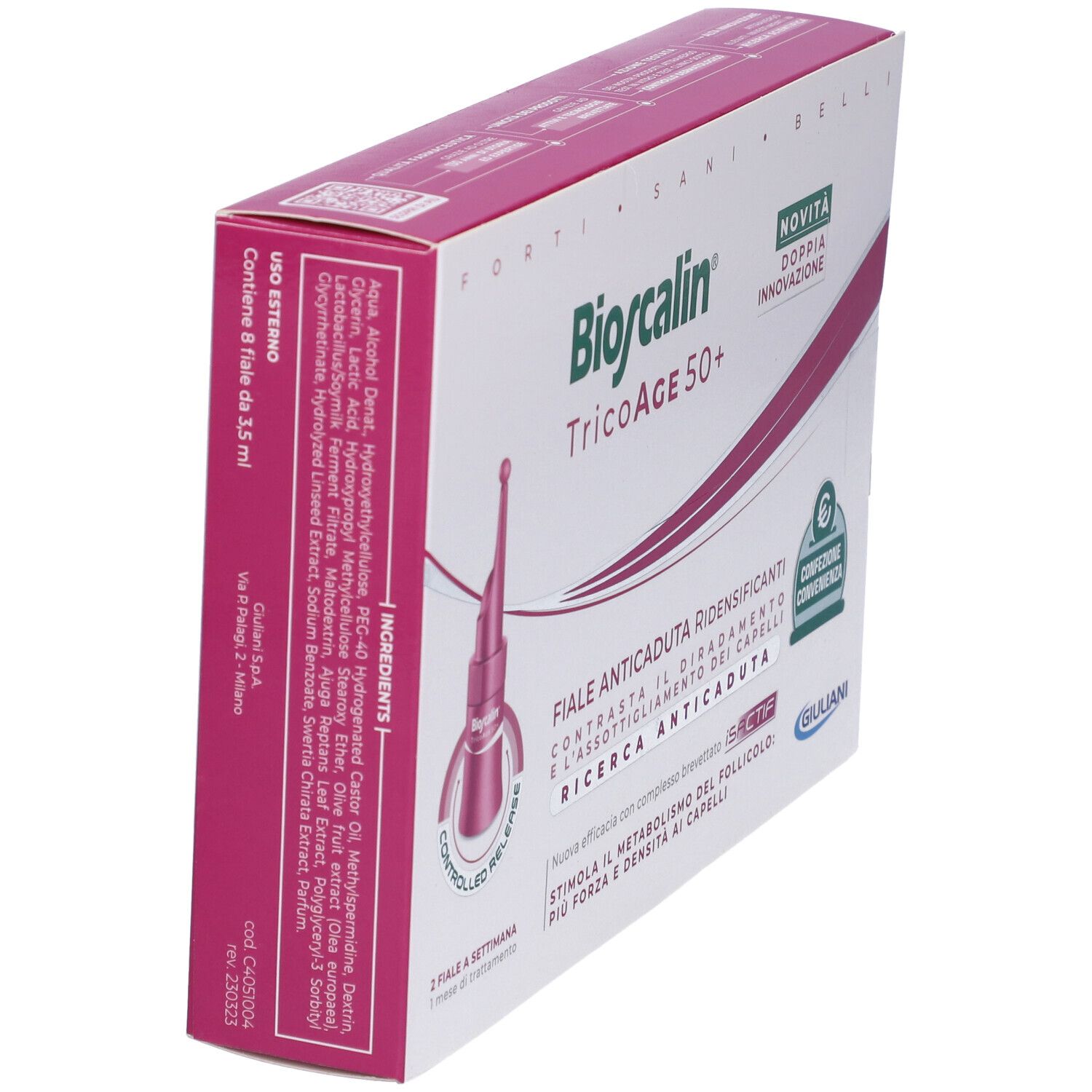 Confezione Bioscalin TricoAge 50+, vista laterale. Rosa e bianco. Contiene ingredienti e immagine fiale.