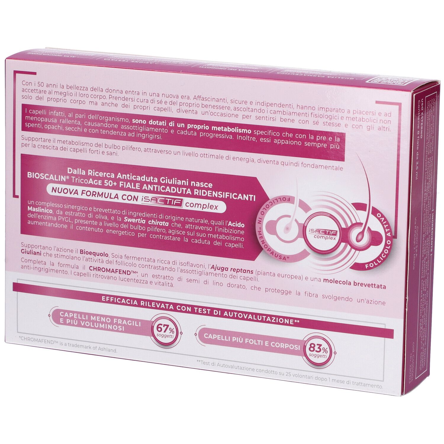 Retro della confezione Bioscalin TricoAge 50+. Testo sul prodotto e ingredienti.