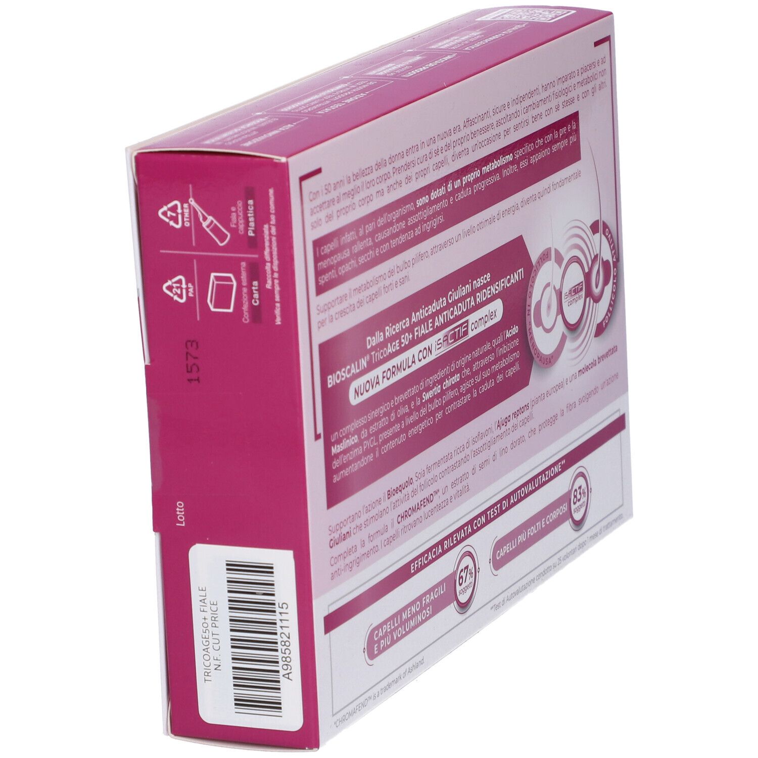 Confezione Bioscalin TricoAge 50+, vista angolata. Rosa e bianco. Testo e loghi.