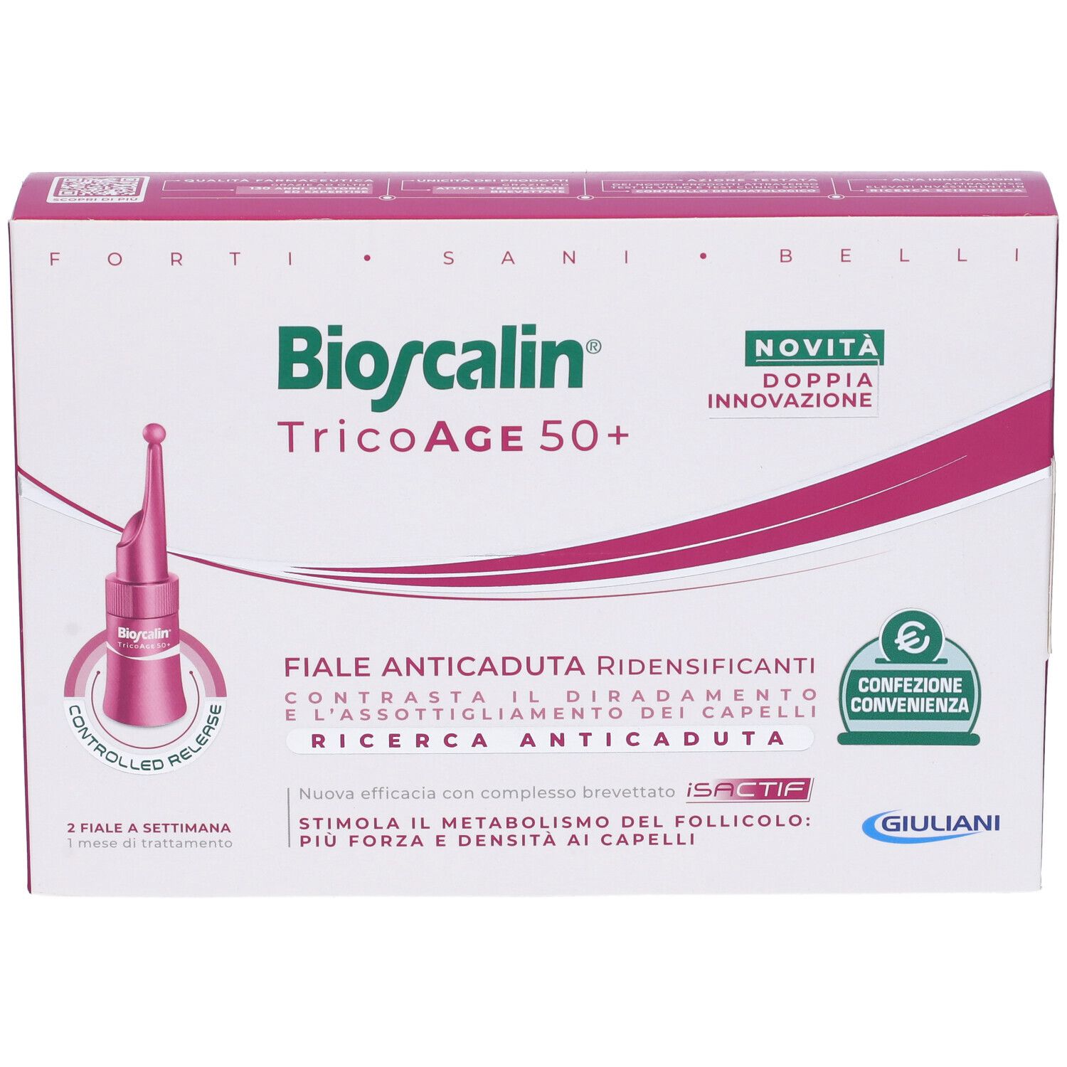 Confezione Bioscalin TricoAge 50+ con fiale. Design rosa e bianco. Immagine delle fiale.